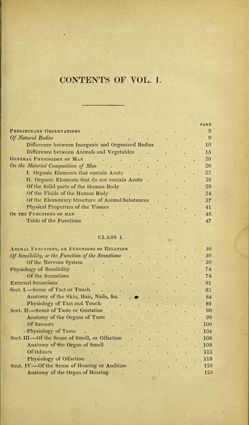 CONTENTS OF VOL. I. PAGE Preliminary Observations ...... 9 Of Natural Bodies ....... 9 Difference between Inorganic and Organized Bodies . . 10 Difference between Animals and Vegetables ... 15 General Physiology of Man ...... 20 On the Material Composition of Man ...... 20 I. Organic Elements that contain Azote . . . .23 II. Organic Elemeiits that do not contain Azote ... 26 Of the Solid parts of the Human Body . . . .29 ,Of the Fluids of the Human Body .... 34 Of the Elementary Structure of Animal Substances . . .37 Physical Properties of the Tissues . . . 41 Op the Functions of man ....... 46 Table of the Functions ...... 47 CLASS I. Animal Functions, or Functions of Relation . .. . 50 Of Sensibility, or the Function of the Sensations . . . . 50 Of the Nervous System ..... .50 Physiology of Sensibility ....... 74 Of the Sensations ....... 74 External Sensations . . . . . . . 81 Sect. I.—Sense of Tact or Touch ...... 83 Anatomy of the Skin, Hair, Nails, &c. . • . . . 84 Physiology of Tact and Touch . . . . .89 Sect. II.—Sense of Taste or Gustation ..... 98 Anatomy of the Organs of Taste ... 99 Of Savours ....... 100 Physiology of Taste ....... 104 Sect. III.—Of the Sense of Smell, or Olfaction . v . . . 108 Anatomy of the Organ of Smell ..... 108 Of Odours ....... 113 Physiology of Olfaction . . . . . .118 Sect. IV.—Of the Sense of Hearing or Audition . . . 125 Anatomy of the Organ of Hearing ..... 125