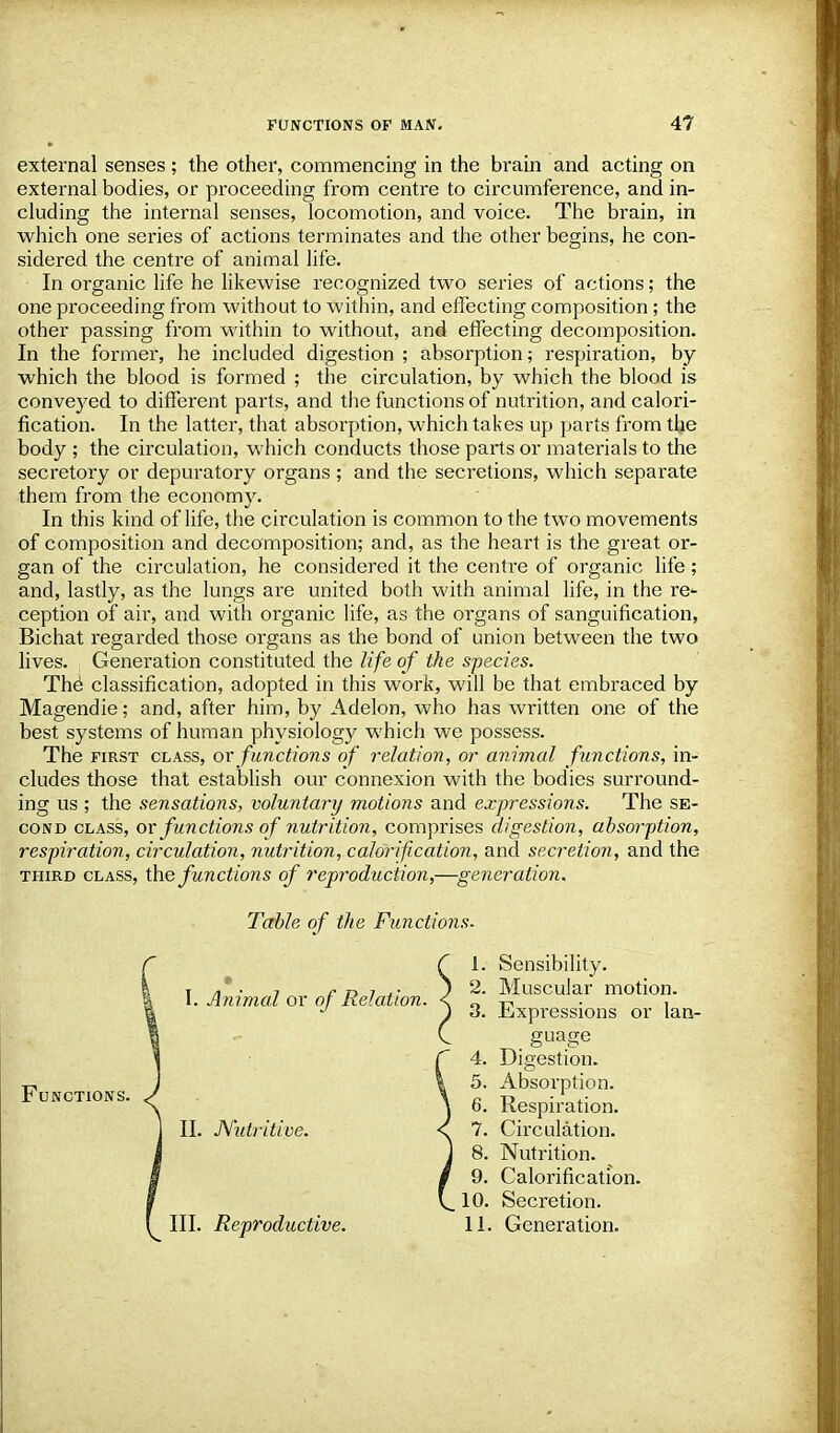 external senses ; the other, commencing in the brain and acting on external bodies, or proceeding from centre to circumference, and in- cluding the internal senses, locomotion, and voice. The brain, in which one series of actions terminates and the other begins, he con- sidered the centre of animal life. In organic life he likewise recognized two series of actions; the one proceeding from without to within, and effecting composition; the other passing from within to without, and effecting decomposition. In the former, he included digestion ; absorption; respiration, by which the blood is formed ; the circulation, by which the blood is conveyed to different parts, and the functions of nutrition, and calori- fication. In the latter, that absorption, which takes up parts from the body ; the circulation, which conducts those parts or materials to the secretory or depuratory organs ; and the secretions, which separate them from the economy. In this kind of life, the circulation is common to the two movements of composition and decomposition; and, as the heart is the great or- gan of the circulation, he considered it the centre of organic life; and, lastly, as the lungs are united both with animal life, in the re- ception of air, and with organic life, as the organs of sanguification, Bichat regarded those organs as the bond of union between the two lives. Generation constituted the life of the species. The classification, adopted in this work, will be that embraced by Magendie; and, after him, by Adelon, who has written one of the best systems of human physiology which we possess. The first class, ox functions of relation, or animal functions, in- cludes those that establish our connexion with the bodies surround- ing us ; the sensations, voluntary motions and expressions. The se- cond class, ox functions of nutrition, comprises digestion, absorption, respiration, circulation, nutrition, calorification, and secretion, and the third class, the functions of reproduction,—generation. Table of the Functions. Functions. I. Animal or of Relation. II. Nutritive. III. Reproductive. Sensibility. Muscular motion. Expressions or lan- guage Digestion. 5. Absorption. 6. Respiration. 7. Circulation. 8. Nutrition. 9. Calorification. 10. Secretion. 11. Generation.