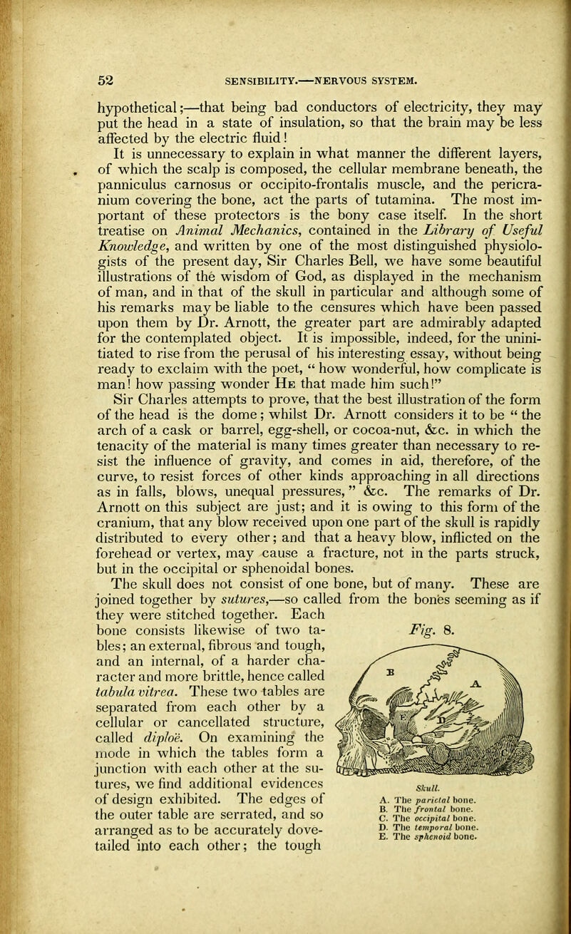 hypothetical;—that being bad conductors of electricity, they may put the head in a state of insulation, so that the brain may be less affected by the electric fluid! It is unnecessary to explain in what manner the different layers, of which the scalp is composed, the cellular membrane beneath, the panniculus carnosus or occipito-frontalis muscle, and the pericra- nium covering the bone, act the parts of tutamina. The most im- portant of these protectors is the bony case itself. In the short treatise on Animal Mechanics, contained in the Library of Useful Knowledge, and written by one of the most distinguished physiolo- gists of the present day, Sir Charles Bell, we have some beautiful illustrations of the wisdom of God, as displayed in the mechanism of man, and in that of the skull in particular and although some of his remarks may be liable to the censures which have been passed upon them by Dr. Arnott, the greater part are admirably adapted for the contemplated object. It is impossible, indeed, for the unini- tiated to rise from the perusal of his interesting essay, without being ready to exclaim with the poet,  how wonderful, how complicate is man! how passing wonder He that made him such! Sir Charles attempts to prove, that the best illustration of the form of the head is the dome; whilst Dr. Arnott considers it to be  the arch of a cask or barrel, egg-shell, or cocoa-nut, &c. in which the tenacity of the material is many times greater than necessary to re- sist the influence of gravity, and comes in aid, therefore, of the curve, to resist forces of other kinds approaching in all directions as in falls, blows, unequal pressures, &c. The remarks of Dr. Arnott on this subject are just; and it is owing to this form of the cranium, that any blow received upon one part of the skull is rapidly distributed to eVery other; and that a heavy blow, inflicted on the forehead or vertex, may cause a fracture, not in the parts struck, but in the occipital or sphenoidal bones. The skull does not consist of one bone, but of many. These are joined together by sutures,—so called from the bones seeming as if they were stitched together. Each bone consists likewise of two ta- bles; an external, fibrous and tough, and an internal, of a harder cha- racter and more brittle, hence called tabula vitrea. These two tables are separated from each other by a cellular or cancellated structure, called diploe. On examining the mode in which the tables form a junction with each other at the su- tures, we find additional evidences of design exhibited. The edges of the outer table are serrated, and so arranged as to be accurately dove- tailed into each other; the tough Fig. 8. Skull. A. The parietal hone. B. The frontal bone. C. The occipital bone. D. The temporal bone. E. The sphenoid bone.