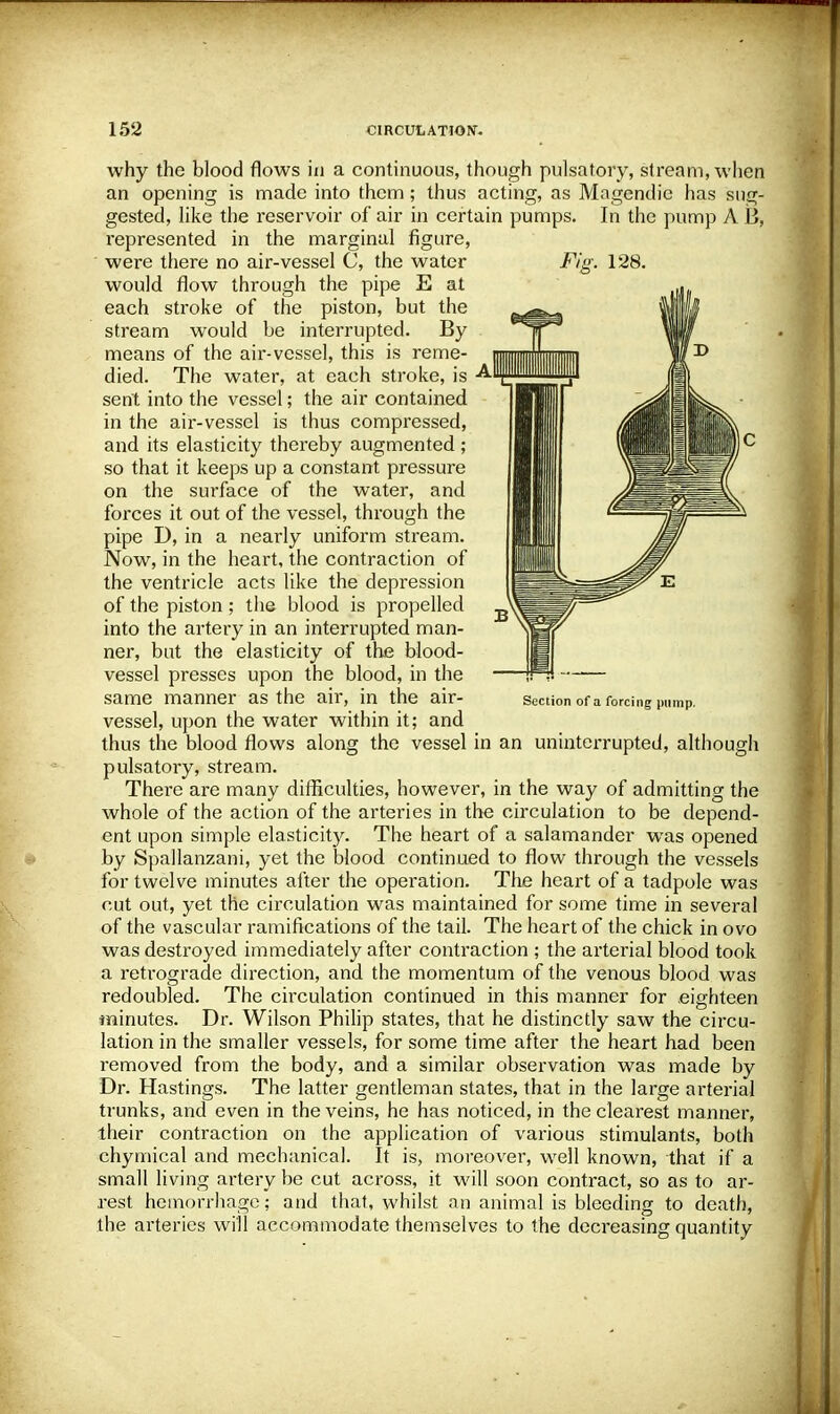 why the blood flows in a continuous, though pulsatory, stream, when an opening is made into them; thus acting, as Magendie has sug- gested, like the reservoir of air in certain pumps. In the pump A B, represented in the marginal figure, were there no air-vessel C, the water would flow through the pipe E at each stroke of the piston, but the stream would be interrupted. By means of the air-vessel, this is reme- died. The water, at each stroke, is sent into the vessel; the air contained in the air-vessel is thus compressed, and its elasticity thereby augmented ; so that it keeps up a constant pressure on the surface of the water, and forces it out of the vessel, through the pipe D, in a nearly uniform stream. Now, in the heart, the contraction of the ventricle acts like the depression of the piston ; the blood is propelled into the artery in an interrupted man- ner, but the elasticity of the blood- vessel presses upon the blood, in the same manner as the air, in the air- vessel, upon the water within it; and thus the blood flows along the vessel in an uninterrupted, although pulsatory, stream. There are many difficulties, however, in the way of admitting the whole of the action of the arteries in the circulation to be depend- ent upon simple elasticity. The heart of a salamander was opened by Spallanzani, yet the blood continued to flow through the vessels for twelve minutes after the operation. The heart of a tadpole was cut out, yet the circulation was maintained for some time in several of the vascular ramifications of the tail. The heart of the chick in ovo was destroyed immediately after contraction ; the arterial blood took a retrograde direction, and the momentum of the venous blood was redoubled. The circulation continued in this manner for eighteen minutes. Dr. Wilson Philip states, that he distinctly saw the circu- lation in the smaller vessels, for some time after the heart had been removed from the body, and a similar observation was made by Dr. Hastings. The latter gentleman states, that in the large arterial trunks, and even in the veins, he has noticed, in the clearest manner, their contraction on the application of various stimulants, both chymical and mechanical. It is, moreover, well known, that if a small living artery be cut across, it will soon contract, so as to ar- rest hemorrhage; and that, whilst an animal is bleeding to death, the arteries will accommodate themselves to the decreasing quantity Section of a forcing pump.