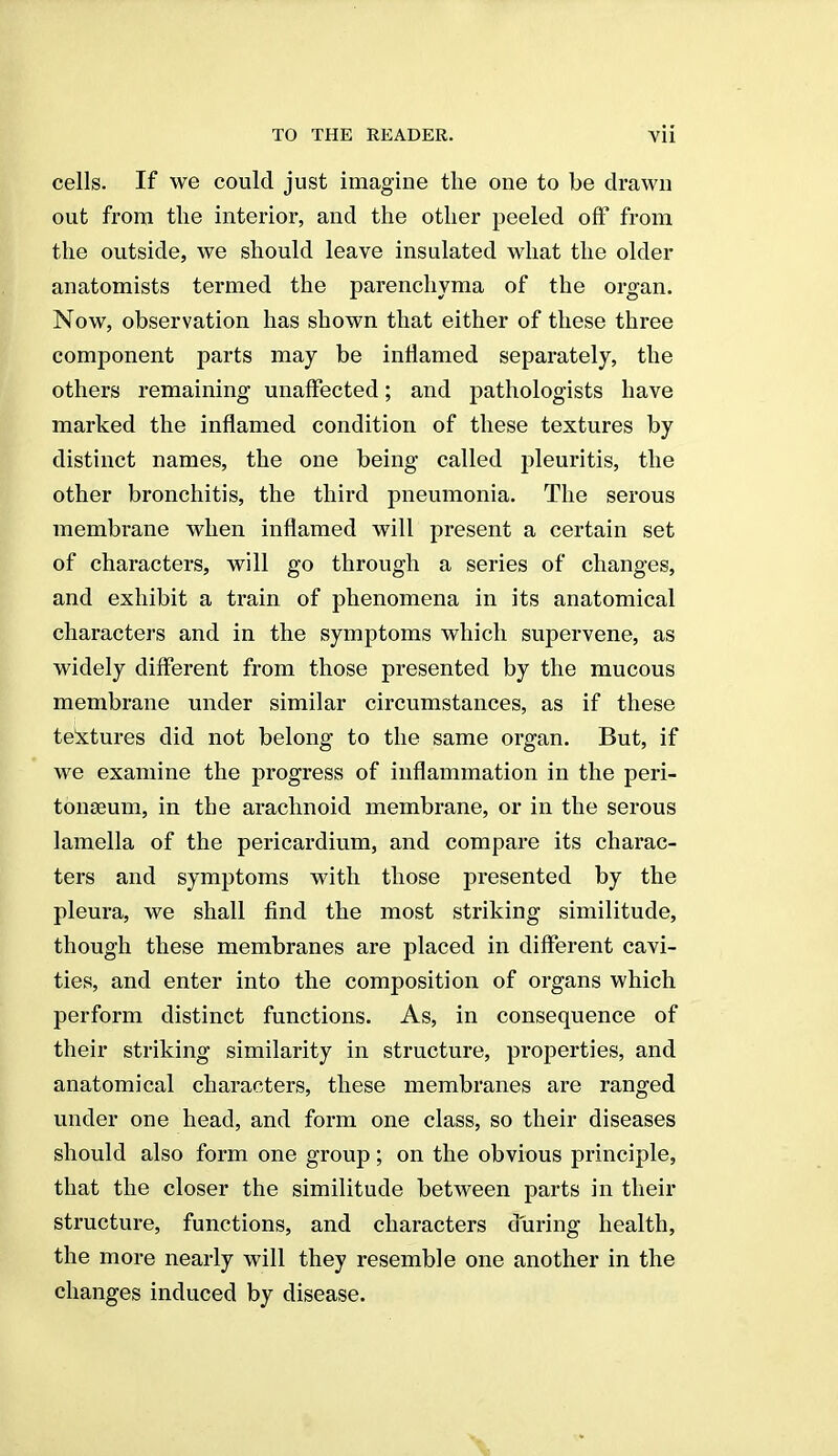 cells. If we could just imagine the one to be drawn out from the interior, and the other peeled off from the outside, we should leave insulated what the older anatomists termed the parenchyma of the organ. Now, observation has shown that either of these three component parts may be inflamed separately, the others remaining unaffected; and pathologists have marked the inflamed condition of these textures by distinct names, the one being called pleuritis, the other bronchitis, the third pneumonia. The serous membrane when inflamed will present a certain set of characters, will go through a series of changes, and exhibit a train of phenomena in its anatomical characters and in the symptoms which supervene, as widely different from those presented by the mucous membrane under similar circumstances, as if these textures did not belong to the same organ. But, if we examine the progress of inflammation in the peri- tonaeum, in the arachnoid membrane, or in the serous lamella of the pericardium, and compare its charac- ters and symptoms with those presented by the pleura, we shall find the most striking similitude, though these membranes are placed in different cavi- ties, and enter into the composition of organs which perform distinct functions. As, in consequence of their striking similarity in structure, properties, and anatomical characters, these membranes are ranged under one head, and form one class, so their diseases should also form one group; on the obvious principle, that the closer the similitude between parts in their structure, functions, and characters during health, the more nearly will they resemble one another in the changes induced by disease.