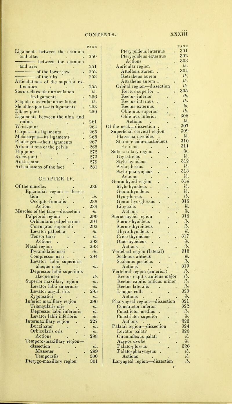 PAGE Ligaments between the cranium and atlas . . . 250 ■ between the cranium and axis . . 251 of the lower jaw . 252 ; of the ribs . 253 Articulations of the superior ex- tremities . . . 255 Sterno-elavicular articulation ib. Its ligaments . . 256 Scapuloclavicular articulation ib. Shoulder-joint—its ligaments . 258 Elbow joint . . 259 Ligaments between the ulna and radius . . . 261 Wrist-joint . 264 Carpus—its ligaments . . 265 Metacarpus—its ligaments . 266 Phalanges—their ligaments 267 Articulations of the pelvis . 268 Hip-joint . . . 272 Knee-joint . . 273 Ankle-joint . . 279 Articulations of the foot . 281 CHAPTER IV. Of the muscles . . 286 [Epicranial region—dissec- tion . . ib. Occipito-frontalis . 288 Actions . . 289 Muscles of the face—dissection ib. Palpebral region . . 290 Orbicularis palpebrarum 291 Corrugator supercilii . 292 Levator palpebral . ib. Tensor tarsi . . ib. Actions . . 293 Nasal region . . 293 Pyramidalis nasi . ib. Compressor nasi . . 294 Levator labii superioris alaeque nasi . ib. Depressor labii superioris alaeque nasi . ib. Superior maxillary region ib. Levator labii superioris ib. Levator anguli oris . 295 Zygomatici . . ib. Inferior maxillary region 296 Triangularis oris . ib. Depressor labii inferioris ib. Levator labii inferioris . ib. Intermaxillary region . 227 Buccinator . . ib. Orbicularis oris . ib. Actions . • 298 Temporo-maxillary region— dissection . . ib. Masseter . . 299 Temporalis . 300 Pterygo-maxillary region 301 PACE Pterygoideus internus . 301 Pterygoideus externus 302 Actions . . 303 Auricular region . ib. Attollens aurem . . 304 Retrahens aurem . ib. Attrahens aurem . . ib. Orbital region—dissection ib. Rectus superior . . 305 Rectus inferior . ib. Rectus internus . . ib- Rectus externus . ib. Obliquus superior . ib. Obliquus inferior ' . 306 Actions . . ib. Of the neck—dissection . . 307 Superficial cervical region 309 Platysma myoides . . ib. Sternc-cleido-mastoideus 310 Actions . . 311 Submaxillary region . • ib. Digastricus . . ib. Stylo-hyoideus . . 312 Stylo-glossus . . ib. Stylo-pharyngeus . . 313 Actions . . ib. Genio-hyoid region . .314 Mylo-hyoideus . . ib. Genio-hyoideus . • ib. Hyo-glossus . . ib. Genio-hyo-glossus . . 315 Lingualis . . ib. Actions . . . ib. Steino-hyoid region . 316 Sterno-hyoideus , . ib. Sterno-thyroideus . ib. Thyro-hyoideus . . ib. Crico-thyroideus . .317 Omo-hyoideus . . ib. Actions . . . ib. Vertebral region (lateral) 318 Scalenus anticus . ib. Scalenus posticus . . ib. Actions . . 319 Vertebral region (anterior) ib. Rectus capitis anticus major ib. Rectus capitis anticus minor ib. Rectus lateralis . . ib. Longus colli . . 320 Actions . . ib. Pharyngeal region—dissection 321 Constrictor inferior . 322 Constrictor medius . . ib. Constrictor superior . ib. Actions . . . 323 Palatal region—dissection 324 Levator palati' . . 325 Circumflexus palati . ib. Azygos uvulae . . ib. Palato-glossus . 326 Palato-pharyngeus . . ib. Actions . . ib. Laryngeal region—dissection ib.