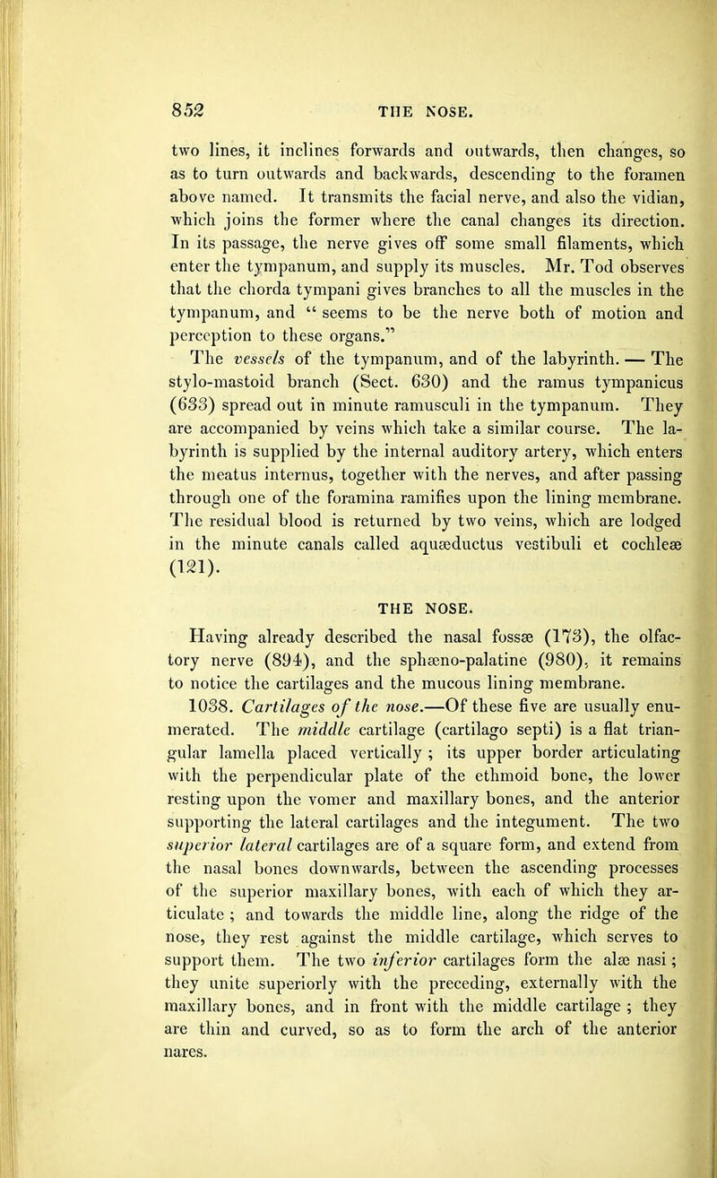 two lines, it inclines forwards and outwards, then changes, so as to turn outwards and backwards, descending to the foramen above named. It transmits the facial nerve, and also the vidian, which joins the former where the canal changes its direction. In its passage, the nerve gives off some small filaments, which enter the tympanum, and supply its muscles. Mr. Tod observes that the chorda tympani gives branches to all the muscles in the tympanum, and  seems to be the nerve both of motion and perception to these organs.1'' The vessels of the tympanum, and of the labyrinth. — The stylo-mastoid branch (Sect. 630) and the ramus tympanicus (633) spread out in minute ramusculi in the tympanum. They are accompanied by veins which take a similar course. The la- byrinth is supplied by the internal auditory artery, which enters the meatus internus, together with the nerves, and after passing through one of the foramina ramifies upon the lining membrane. The residual blood is returned by two veins, which are lodged in the minute canals called aquaeductus vestibuli et cochleae (121). THE NOSE. Having already described the nasal fossae (173), the olfac- tory nerve (894), and the sphseno-palatine (980), it remains to notice the cartilages and the mucous lining membrane. 1038. Cartilages of the nose.—Of these five are usually enu- merated. The middle cartilage (cartilago septi) is a flat trian- gular lamella placed vertically ; its upper border articulating with the perpendicular plate of the ethmoid bone, the lower resting upon the vomer and maxillary bones, and the anterior supporting the lateral cartilages and the integument. The two superior lateral cartilages are of a square form, and extend from the nasal bones downwards, between the ascending processes of the superior maxillary bones, with each of which they ar- ticulate ; and towards the middle line, along the ridge of the nose, they rest against the middle cartilage, which serves to support them. The two inferior cartilages form the alas nasi; they unite superiorly with the preceding, externally with the maxillary bones, and in front with the middle cartilage ; they are thin and curved, so as to form the arch of the anterior nares.