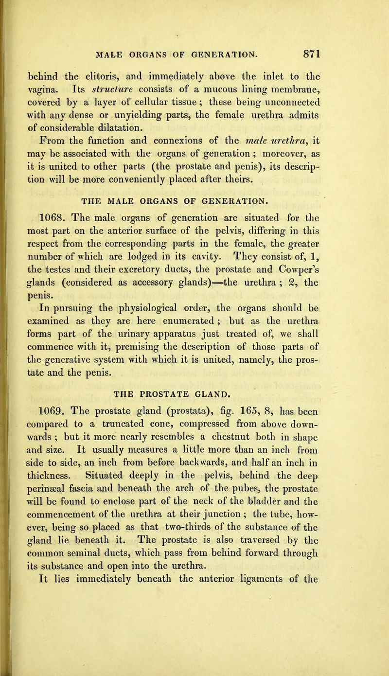 behind the clitoris, and immediately above the inlet to the vagina. Its structure consists of a mucous lining membrane, covered by a layer of cellular tissue; these being unconnected with any dense or unyielding parts, the female urethra admits of considerable dilatation. From the function and connexions of the male urethra, it may be associated with the organs of generation ; moreover, as it is united to other parts (the prostate and penis), its descrip- tion will be more conveniently placed after theirs. THE MALE ORGANS OF GENERATION. 1068. The male organs of generation are situated for the most part on the anterior surface of the pelvis, differing in this respect from the corresponding parts in the female, the greater number of which are lodged in its cavity. They consist of, 1, the testes and their excretory ducts, the prostate and Cowper's glands (considered as accessory glands)—the urethra ; 2, the penis. In pursuing the physiological order, the organs should be examined as they are here enumerated; but as the urethra forms part of the urinary apparatus just treated of, we shall commence with it, premising the description of those parts of the generative system with which it is united, namely, the pros- tate and the penis. THE PROSTATE GLAND. 1069. The prostate gland (prostata), fig. 165, 8, has been compared to a truncated cone, compressed from above down- wards ; but it more nearly resembles a chestnut both in shape and size. It usually measures a little more than an inch from side to side, an inch from before backwards, and half an inch in thickness. Situated deeply in the pelvis, behind the deep perinseal fascia and beneath the arch of the pubeSj the prostate will be found to enclose part of the neck of the bladder and the commencement of the urethra at their junction ; the tube, how- ever, being so placed as that two-thirds of the substance of the gland lie beneath it. The prostate is also traversed by the common seminal ducts, which pass from behind forward through its substance and open into the urethra. It lies immediately beneath the anterior ligaments of the