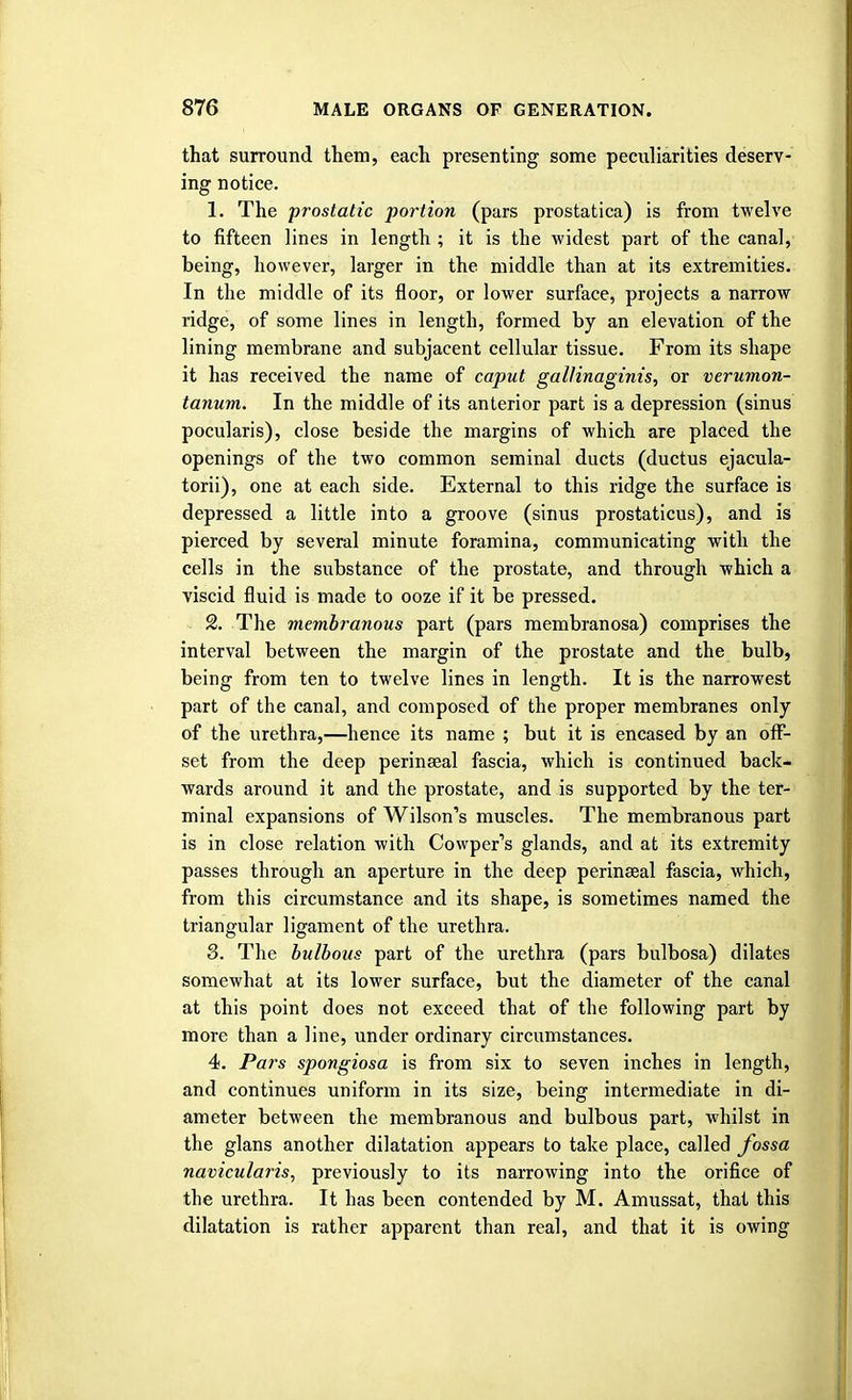 that surround them, each presenting some peculiarities deserv- ing notice. 1. The prostatic portion (pars prostatica) is from twelve to fifteen lines in length ; it is the widest part of the canal, being, however, larger in the middle than at its extremities. In the middle of its floor, or lower surface, projects a narrow ridge, of some lines in length, formed by an elevation of the lining membrane and subjacent cellular tissue. From its shape it has received the name of caput gallinaginis, or verumon- tanum. In the middle of its anterior part is a depression (sinus pocularis), close beside the margins of which are placed the openings of the two common seminal ducts (ductus ejacula- torii), one at each side. External to this ridge the surface is depressed a little into a groove (sinus prostaticus), and is pierced by several minute foramina, communicating with the cells in the substance of the prostate, and through which a viscid fluid is made to ooze if it be pressed. £. The membranous part (pars membranosa) comprises the interval between the margin of the prostate and the bulb, being from ten to twelve lines in length. It is the narrowest part of the canal, and composed of the proper membranes only of the urethra,—hence its name ; but it is encased by an off- set from the deep perineeal fascia, which is continued back- wards around it and the prostate, and is supported by the ter- minal expansions of Wilson's muscles. The membranous part is in close relation with Cowper's glands, and at its extremity passes through an aperture in the deep perinseal fascia, which, from this circumstance and its shape, is sometimes named the triangular ligament of the urethra. 8. The bulbous part of the urethra (pars bulbosa) dilates somewhat at its lower surface, but the diameter of the canal at this point does not exceed that of the following part by more than a line, under ordinary circumstances. 4. Pars spongiosa is from six to seven inches in length, and continues uniform in its size, being intermediate in di- ameter between the membranous and bulbous part, whilst in the glans another dilatation appears to take place, called fossa navicularis, previously to its narrowing into the orifice of the urethra. It has been contended by M. Amussat, that this dilatation is rather apparent than real, and that it is owing