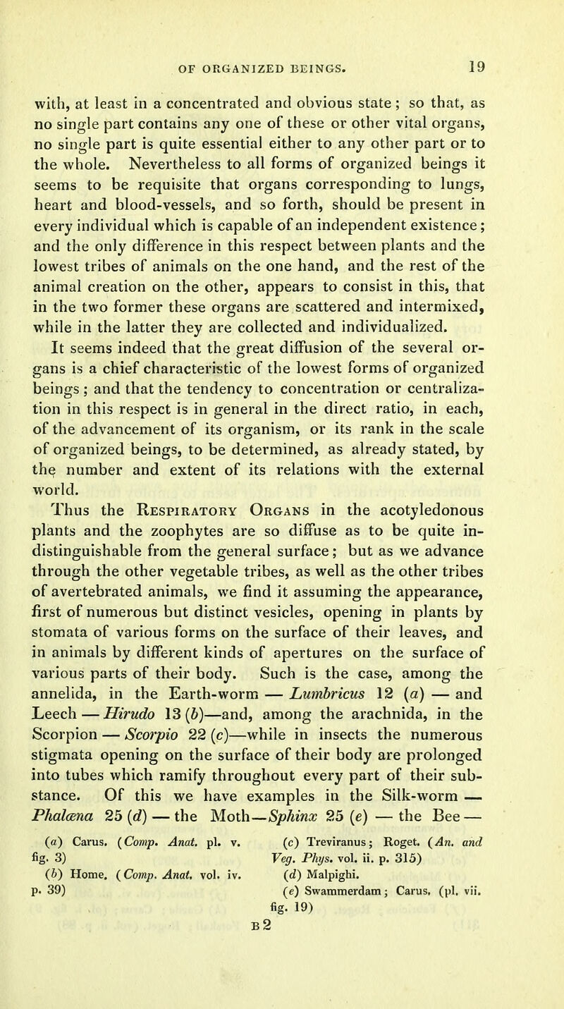 with, at least in a concentrated and obvious state ; so that, as no single part contains any one of these or other vital organs, no single part is quite essential either to any other part or to the whole. Nevertheless to all forms of organized beings it seems to be requisite that organs corresponding to lungs, heart and blood-vessels, and so forth, should be present in every individual which is capable of an independent existence; and the only difference in this respect between plants and the lowest tribes of animals on the one hand, and the rest of the animal creation on the other, appears to consist in this, that in the two former these organs are scattered and intermixed, while in the latter they are collected and individualized. It seems indeed that the great diffusion of the several or- gans is a chief characteristic of the lowest forms of organized beings ; and that the tendency to concentration or centraliza- tion in this respect is in general in the direct ratio, in each, of the advancement of its organism, or its rank in the scale of organized beings, to be determined, as already stated, by the, number and extent of its relations with the external world. Thus the Respiratory Organs in the acotyledonous plants and the zoophytes are so diffuse as to be quite in- distinguishable from the general surface; but as we advance through the other vegetable tribes, as well as the other tribes of avertebrated animals, we find it assuming the appearance, first of numerous but distinct vesicles, opening in plants by stomata of various forms on the surface of their leaves, and in animals by different kinds of apertures on the surface of various parts of their body. Such is the case, among the annelida, in the Earth-worm — Lumbricus 12 (a) — and Leech — Hirudo 13 (b)—and, among the arachnida, in the Scorpion — Scorpio 22 (c)—while in insects the numerous stigmata opening on the surface of their body are prolonged into tubes which ramify throughout every part of their sub- stance. Of this we have examples in the Silk-worm — Phalcena 25(d) — the Moth—Sphinx 25 (e) —the Bee — (a) Cams. (Comp. Anat. pi. v. (c) Treviranus; Roget. (An. and fig. 3) Veg. Phys. vol. ii. p. 315) (b) Home. (Comp. Anat, vol. iv. (d) Malpighi. p. 39) (e) Swammerdam; Carus. (pi. vii. 19) b2