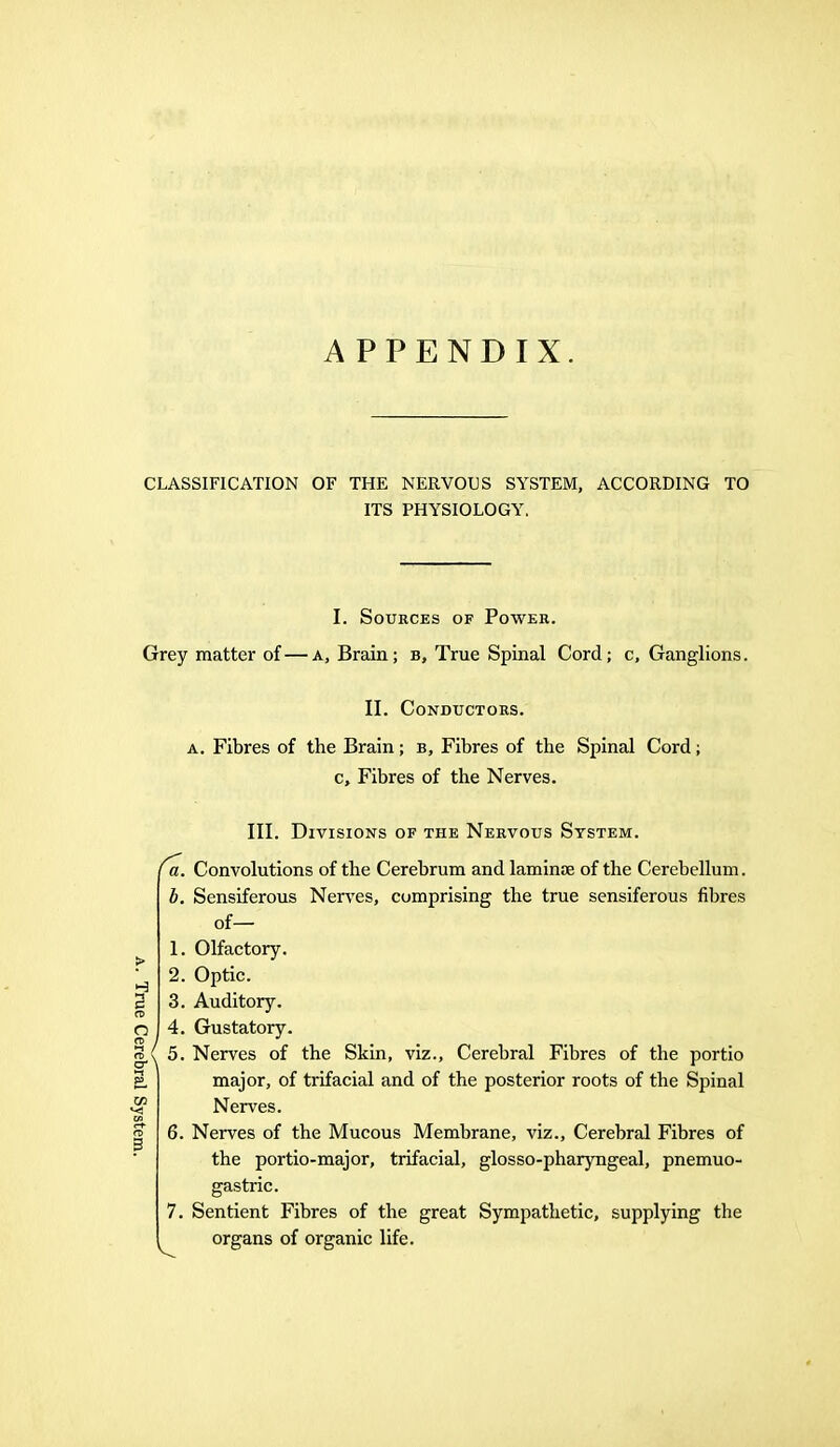 APPENDIX. CLASSIFICATION OF THE NERVOUS SYSTEM, ACCORDING TO ITS PHYSIOLOGY. I. Sources of Power. Grey matter of—a, Brain; b, True Spinal Cord; c. Ganglions. II. Conductors. a. Fibres of the Brain; b, Fibres of the Spinal Cord; c, Fibres of the Nerves. III. Divisions of the Nervous System. fa. onvolutions of the Cerebrum and laminae of the Cerebellum. b. Sensiferous Nerves, comprising the true sensiferous fibres of— 1. Olfactory. 2. Optic. 3. Auditory. 4. Gustatory. 5. Nerves of the Skin, viz., Cerebral Fibres of the portio major, of trifacial and of the posterior roots of the Spinal Nerves. 6. Nerves of the Mucous Membrane, viz., Cerebral Fibres of the portio-major, trifacial, glosso-pharyngeal, pnemuo- gastric. 7. Sentient Fibres of the great Sympathetic, supplying the organs of organic life.