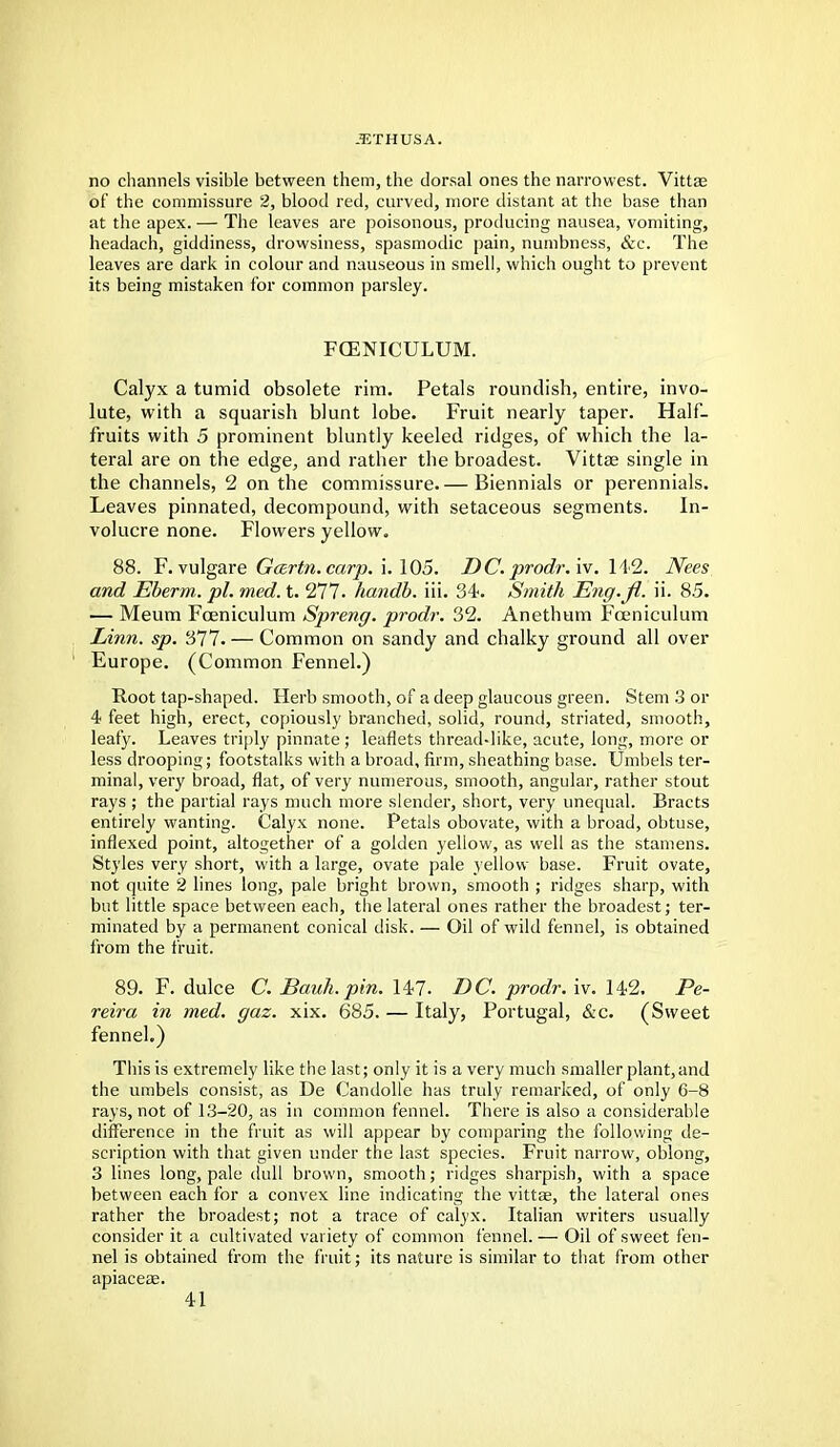 .CTHUSA. no channels visible between them, the dorsal ones the narrowest. Vittae of the commissure 2, blood red, curved, more distant at the base than at the apex. — The leaves are poisonous, producing nausea, vomiting, headach, giddiness, drowsiness, spasmodic pain, numbness, &c. The leaves are dark in colour and nauseous in smell, which ought to prevent its being mistaken for common parsley. FCENICULUM. Calyx a tumid obsolete rim. Petals roundish, entire, invo- lute, with a squarish blunt lobe. Fruit nearly taper. Half- fruits with 5 prominent bluntly keeled ridges, of which the la- teral are on the edge, and rather the broadest. Vittae single in the channels, 2 on the commissure.— Biennials or perennials. Leaves pinnated, decompound, with setaceous segments. In- volucre none. Flowers yellow. 88. F. vulgare Ga.rtn.carp. i. 105. DC.prodr.iv. 142. Nees and Eberm. pi. med. t. 277. handb. iii. 34. Smith E71g.fi. ii. 85. — Meum Fceniculum Spreng. prodr. 32. Anethum Foeniculum Linn. sp. 377. — Common on sandy and chalky ground all over Europe. (Common Fennel.) Root tap-shaped. Herb smooth, of a deep glaucous green. Stem 3 or 4 feet high, erect, copiously branched, solid, round, striated, smooth, leafy. Leaves triply pinnate ; leaflets thread-like, acute, long, more or less drooping; footstalks with a broad, firm, sheathing base. Umbels ter- minal, very broad, flat, of very numerous, smooth, angular, rather stout rays ; the partial rays much more slender, short, very unequal. Bracts entirely wanting. Calyx none. Petals obovate, with a broad, obtuse, inflexed point, altogether of a golden yellow, as well as the stamens. Styles very short, with a large, ovate pale yellow base. Fruit ovate, not quite 2 lines long, pale bright brown, smooth ; ridges sharp, with but little space between each, the lateral ones rather the broadest; ter- minated by a permanent conical disk. — Oil of wild fennel, is obtained from the fruit. 89. F. dulce C. Bauh. pin. 147. DC. prodr. iv. 142. Pe- reira in med. gaz. xix. 685. — Italy, Portugal, &c. (Sweet fennel.) This is extremely like the last; only it is a very much smaller plant, and the umbels consist, as De Candolle has truly remarked, of only 6-8 rays, not of 13-20, as in common fennel. There is also a considerable difference in the fruit as will appear by comparing the following de- scription with that given under the last species. Fruit narrow, oblong, 3 lines long, pale dull brown, smooth; ridges sharpish, with a space between each for a convex line indicating the vittae, the lateral ones rather the broadest; not a trace of calyx. Italian writers usually consider it a cultivated variety of common fennel. — Oil of sweet fen- nel is obtained from the fruit; its nature is similar to that from other apiaceae.