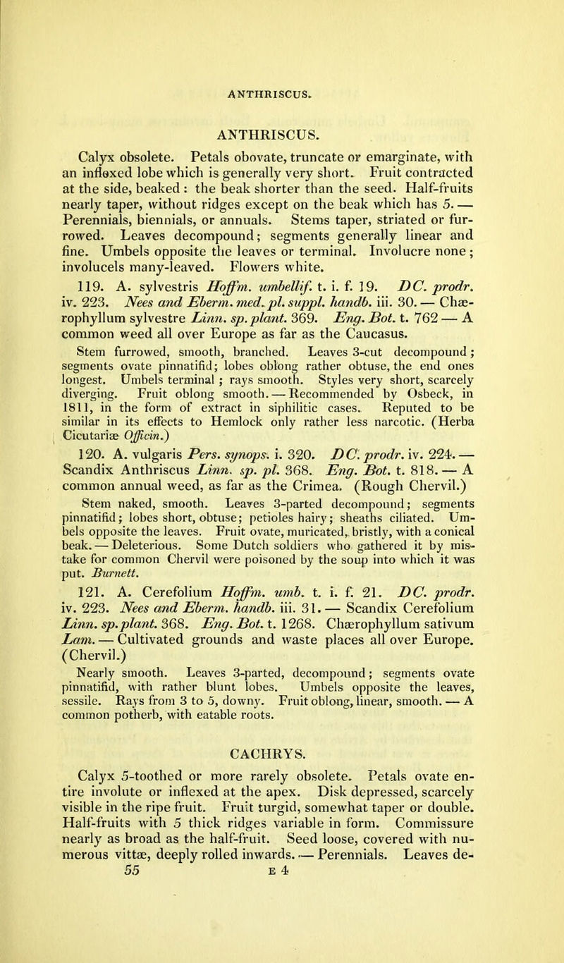 ANTHRISCUS. ANTHRISCUS. Calyx obsolete. Petals obovate, truncate or emarginate, with an inflexed lobe which is generally very short. Fruit contracted at the side, beaked : the beak shorter than the seed. Half-fruits nearly taper, without ridges except on the beak which has 5 Perennials, biennials, or annuals. Stems taper, striated or fur- rowed. Leaves decompound; segments generally linear and fine. Umbels opposite the leaves or terminal. Involucre none; involucels many-leaved. Flowers white. 119. A. sylvestris Hoffm. umbellif. t. i. f. 19. DC. prodr. iv. 223. Nees and JEberm. med.pl. suppl. handb. iii. 30. — Chae- rophyllum sylvestre Linn. sp. plant. 369. Eng. Bot. t. 762 — A common weed all over Europe as far as the Caucasus. Stem furrowed, smooth, branched. Leaves 3-cut decompound; segments ovate pinnatifid; lobes oblong rather obtuse, the end ones longest. Umbels terminal ; rays smooth. Styles very short, scarcely diverging. Fruit oblong smooth. — Recommended by Osbeck, in 1811, in the form of extract in siphilitic cases. Reputed to be similar in its effects to Hemlock only rather less narcotic. (Herba Cicutaria? Officin?) 120. A. vulgaris Pers. synops. i. 320. DC. prodr. iv. 224.— Scandix Anthriscus Linn. sp. pi. 368. Eng. Bot. t. 818. — A common annual weed, as far as the Crimea. (Rough Chervil.) Stem naked, smooth. Leaves 3-parted decompound; segments pinnatifid; lobes short, obtuse; petioles hairy; sheaths ciliated. Um- bels opposite the leaves. Fruit ovate, muricated, bristly, with a conical beak. — Deleterious. Some Dutch soldiers who gathered it by mis- take for common Chervil were poisoned by the soup into which it was put. Burnett. 121. A. Cerefolium Hoffm. umb. t. i. f. 21. DC. prodr. iv. 223. Nees and Eberm. handb. iii. 31. — Scandix Cerefolium Linn. sp.plant. 368. Eng. Bot. t. 1268. Chaerophyllum sativum Lam. — Cultivated grounds and waste places all over Europe. (Chervil.) Nearly smooth. Leaves 3-parted, decompound; segments ovate pinnatifid, with rather blunt lobes. Umbels opposite the leaves, sessile. Rays from 3 to 5, downy. Fruit oblong, linear, smooth. — A common potherb, with eatable roots. CACIIRYS. Calyx 5-toothed or more rarely obsolete. Petals ovate en- tire involute or inflexed at the apex. Disk depressed, scarcely visible in the ripe fruit. Fruit turgid, somewhat taper or double. Half-fruits with 5 thick ridges variable in form. Commissure nearly as broad as the half-fruit. Seed loose, covered with nu- merous vittae, deeply rolled inwards. — Perennials. Leaves de-