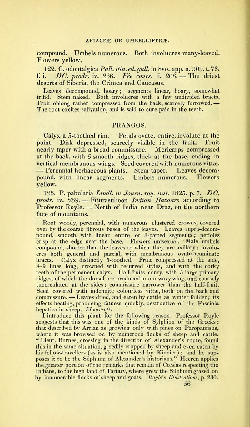 compound. Umbels numerous. Both involucres many-leaved. Flowers yellow. 122. C. odontalgica Pall. itin. ed. gall, in 8vo. app. n. 309. t. 78. f. i. DC. prodr. iv. 236. Fee cours. ii. 208. — The driest deserts of Siberia, the Crimea and Caucasus. Leaves decompound, hoary; segments linear, hoary, somewhat trifid. Stem naked. Both involucres with a few undivided bracts. Fruit oblong rather compressed from the back, scarcely furrowed.— The root excites salivation, and is said to cure pain in the teeth. PRANGOS. Calyx a 5-toothed rim. Petals ovate, entire, involute at the point. Disk depressed, scarcely visible in the fruit. Fruit nearly taper with a broad commissure. Mericarps compressed at the back, with 5 smooth ridges, thick at the base, ending in vertical membranous wings. Seed covered with numerous vittae. — Perennial herbaceous plants. Stem taper. Leaves decom- pound, with linear segments. Umbels numerous. Flowers yellow. 123. P. pabularia Lindl. in Joum. roy. inst. 1825. p. 7. DC. prodr. iv. 239. — Fiturasulioon Indian Bazaars according to Professor Royle. — North of India near Draz, on the northern face of mountains. Root woody, perennial, with numerous clustered crowns, covered over by the coarse fibrous bases of the leaves. Leaves supra-decom- pound, smooth, with linear entire or 3-parted segments ; petioles crisp at the edge near the base. Flowers unisexual. 1 Male umbels compound, shorter than the leaves to which they are axillary; involu- cres both general and partial, with membranous ovate-acuminate bracts. Calyx distinctly 5-toothed. Fruit compressed at the side, 8-9 lines long, crowned with recurved styles, and with the corky teeth of the permanent calyx. Half-fruits corky, with 5 large primary ridges, of which the dorsal are produced into a wavy wing, and coarsely tuberculated at the sides; commissure narrower than the half-fruit. Seed covered with indefinite colourless vittas, both on the back and commissure. — Leaves dried, and eaten by cattle as winter fodder ; its effects heating, producing fatness quickly, destructive of the Fasciola hepatica in sheep. Moorcroft. I introduce this plant for the following reason: Professor Royle suggests that this was one of the kinds of Sylphion of the Greeks : that described by Arrian as growing only with pines on Paropamisus, where it was browsed on by numerous flocks of sheep and cattle.  Lieut. Burnes, crossing in the direction of Alexander's route, found this in the same situation, greedily cropped by sheep and even eaten by his fellow-travellers (as is also mentioned by Kinnier); and he sup- poses it to be the Silphium of Alexander's historians. Heeren applies the greater portion of the remarks that rem?.in of Ctesias respecting the Indians, to the high land of Tartary, where grew the Silphium grazed on bv innumerable flocks of sheep and goats. Rot/la's Illustrations, p. 230.