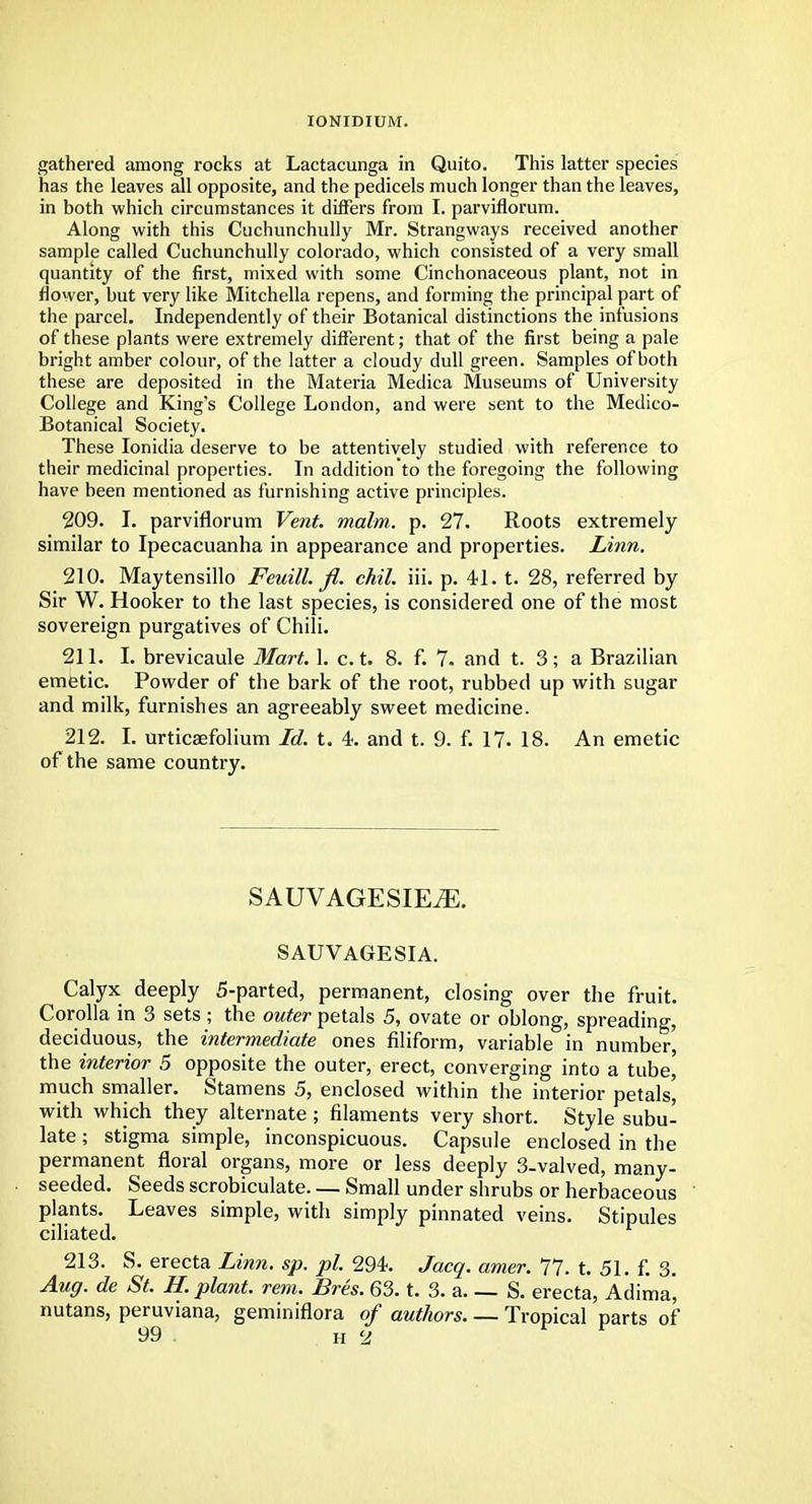 IONIDIUM. gathered among rocks at Lactacunga in Quito. This latter species has the leaves all opposite, and the pedicels much longer than the leaves, in both which circumstances it differs from I. parviflorum. Along with this Cuchunchully Mr. Strangways received another sample called Cuchunchully Colorado, which consisted of a very small quantity of the first, mixed with some Cinchonaceous plant, not in flower, but very like Mitchella repens, and forming the principal part of the parcel. Independently of their Botanical distinctions the infusions of these plants were extremely different; that of the first being a pale bright amber colour, of the latter a cloudy dull green. Samples of both these are deposited in the Materia Medica Museums of University College and King's College London, and were sent to the Medico- Botanical Society. These Ioniclia deserve to be attentively studied with reference to their medicinal properties. In addition to the foregoing the following have been mentioned as furnishing active principles. 209. I. parviflorum Vent. malm. p. 27. Roots extremely similar to Ipecacuanha in appearance and properties. Linn. 210. Maytensillo Feuill.fi. chil. iii. p. 41. t. 28, referred by Sir W. Hooker to the last species, is considered one of the most sovereign purgatives of Chili. 211. I. brevicaule Mart. 1. c. t. 8. f. 7. and t. 3; a Brazilian emetic. Powder of the bark of the root, rubbed up with sugar and milk, furnishes an agreeably sweet medicine. 212. I. urticaefolium Id. t. 4. and t. 9. f. 17. 18. An emetic of the same country. SAUVAGESIE^. SAUVAGESIA. Calyx deeply 5-parted, permanent, closing over the fruit. Corolla in 3 sets ; the outer petals 5, ovate or oblong, spreading, deciduous, the intermediate ones filiform, variable in number the interior 5 opposite the outer, erect, converging into a tube,' much smaller. Stamens 5, enclosed within the interior petals', with which they alternate ; filaments very short. Style subu- late ; stigma simple, inconspicuous. Capsule enclosed in the permanent floral organs, more or less deeply 3-valved, many- seeded. Seeds scrobiculate. — Small under shrubs or herbaceous plants. Leaves simple, with simply pinnated veins. Stipules ciliated. 213. S. erecta Linn. sp. pi. 294. Jacq. amer. 77. t. 51. f. 3. Aug. de St. H. plant, rem. Bres. 63. t. 3. a. — S. erecta, Adima, nutans, peruviana, geminiflora of authors. — Tropical parts of