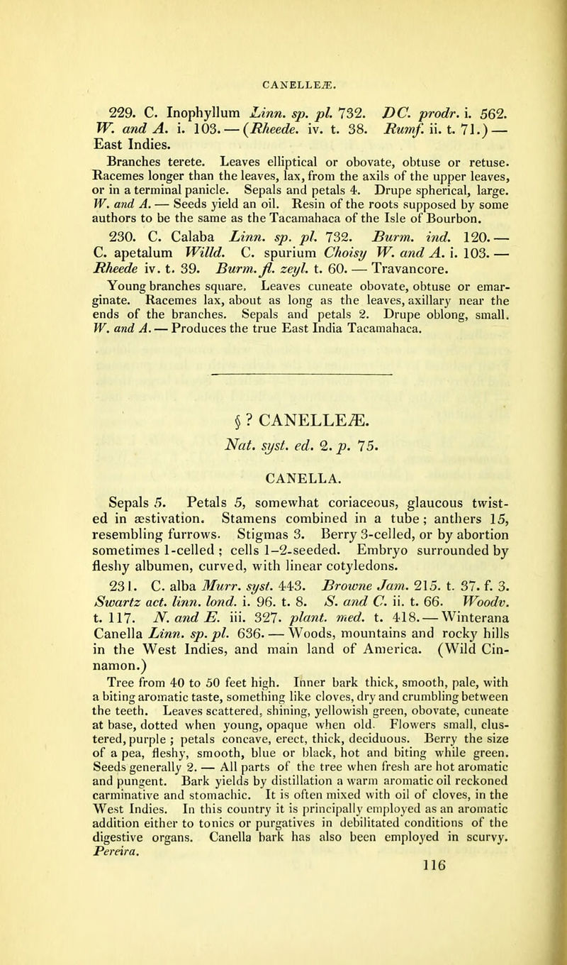 CANELLEiE. 229. C. Inophyllum Linn. sp. pi. 732. DC. prodr. i. 562. W. and A. i. 103. — (Rheede. iv. t. 38. Rumf. \\. t. 1 \.)— East Indies. Branches terete. Leaves elliptical or obovate, obtuse or retuse. Racemes longer than the leaves, lax, from the axils of the upper leaves, or in a terminal panicle. Sepals and petals 4. Drupe spherical, large. W. and A. — Seeds yield an oil. Resin of the roots supposed by some authors to be the same as the Tacamahaca of the Isle of Bourbon. 230. C. Calaba Linn. sp. pi. 732. Burnt, ind. 120.— C. apetalum Willd. C. spurium Choisy TV. and A. i. 103.— Rheede iv. t. 39. Burm.fl. zeyl. t. 60. — Travancore. Young branches square, Leaves cuneate obovate, obtuse or emar- ginate. Racemes lax, about as long as the leaves, axillary near the ends of the branches. Sepals and petals 2. Drupe oblong, small, W. and A. — Produces the true East India Tacamahaca. § ? CANELLE^. Nat. sj/st. ed. 2. p. 75. CANELLA. Sepals 5. Petals 5, somewhat coriaceous, glaucous twist- ed in aestivation. Stamens combined in a tube; anthers 15, resembling furrows. Stigmas 3. Berry 3-celled, or by abortion sometimes 1-celled ; cells 1-2-seeded. Embryo surrounded by fleshy albumen, curved, with linear cotyledons. 23 1. C. alba Murr. syst. 443. Browne Jam. 215. t. 37. f. 3. Swartz act. linn. lond. i. 96. t. 8. S. and C. ii. t. 66. Woodv. t. 117. N. and E. iii. 327. plant, med. t. 418. — Winterana Canella Linn. sp. pi. 636. — Woods, mountains and rocky hills in the West Indies, and main land of America. (Wild Cin- namon.) Tree from 40 to 50 feet high. Inner bark thick, smooth, pale, with a biting aromatic taste, something like cloves, dry and crumbling between the teeth. Leaves scattered, shining, yellowish green, obovate, cuneate at base, dotted when young, opaque when old. Flowers small, clus- tered, purple ; petals concave, erect, thick, deciduous. Berry the size of a pea, fleshy, smooth, blue or black, hot and biting while green. Seeds generally 2. — All parts of the tree when fresh are hot aromatic and pungent. Bark yields by distillation a warm aromatic oil reckoned carminative and stomachic. It is often mixed with oil of cloves, in the West Indies. In this country it is principally employed as an aromatic addition either to tonics or purgatives in debilitated conditions of the digestive organs. Canella bark has also been employed in scurvy. Pereira.