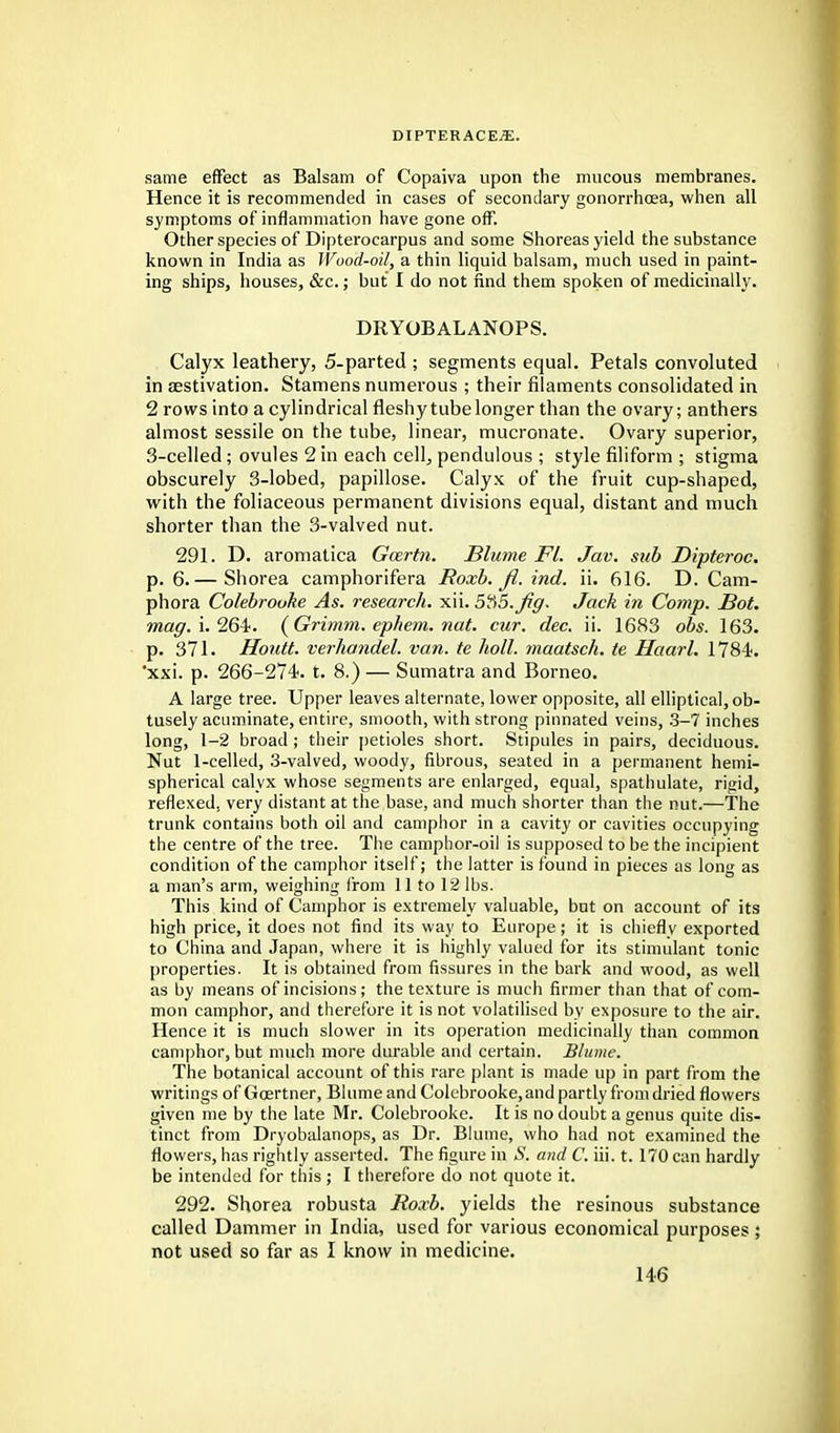 same effect as Balsam of Copaiva upon the mucous membranes. Hence it is recommended in cases of secondary gonorrhoea, when all symptoms of inflammation have gone off. Other species of Dipterocarpus and some Shoreas yield the substance known in India as Wood-oil, a thin liquid balsam, much used in paint- ing ships, houses, &c.; but I do not find them spoken of medicinally. DRYOBALANOPS. Calyx leathery, 5-parted ; segments equal. Petals convoluted in aestivation. Stamens numerous ; their filaments consolidated in 2 rows into a cylindrical fleshy tube longer than the ovary; anthers almost sessile on the tube, linear, mucronate. Ovary superior, 3-celled; ovules 2 in each cell, pendulous ; style filiform ; stigma obscurely 3-lobed, papillose. Calyx of the fruit cup-shaped, with the foliaceous permanent divisions equal, distant and much shorter than the 3-valved nut. 291. D. aromatica Gcertn. Blume Fl. Jav. sub Dipteroc. p. 6.— Shorea camphorifera Roxb. Ji. ind. ii. 616. D. Cam- phora Colebrouke As. research, xii. 535. Jig. Jack in Comp. Bot. mag. i. 264. (Grimm, epfiem. nat. cur. dec. ii. 1683 obs. 163. p. 371. Houtt. verhandel. van. te holl. maatsch. te Haarl. 1784. *xxi. p. 266-274. t. 8.) — Sumatra and Borneo. A large tree. Upper leaves alternate, lower opposite, all elliptical, ob- tusely acuminate, entire, smooth, with strong pinnated veins, 3-7 inches long, 1-2 broad; their petioles short. Stipules in pairs, deciduous. Nut 1-celled, 3-valved, woody, fibrous, seated in a permanent hemi- spherical calyx whose segments are enlarged, equal, spathulate, rigid, reflexed, very distant at the base, and much shorter than the nut.—The trunk contains both oil and camphor in a cavity or cavities occupying the centre of the tree. The camphor-oil is supposed to be the incipient condition of the camphor itself; the latter is found in pieces as long as a man's arm, weighing from 11 to 12 lbs. This kind of Camphor is extremely valuable, but on account of its high price, it does not find its way to Europe; it is chiefly exported to China and Japan, where it is highly valued for its stimulant tonic properties. It is obtained from fissures in the bark and wood, as well as by means of incisions; the texture is much firmer than that of com- mon camphor, and therefore it is not volatilised by exposure to the air. Hence it is much slower in its operation medicinally than common camphor, but much more durable and certain. Blume. The botanical account of this rare plant is made up in part from the writings of Gcertner, Blume and Colebrooke, and partly from dried flowers given me by the late Mr. Colebrooke. It is no doubt a genus quite dis- tinct from Dryobalanops, as Dr. Blume, who had not examined the flowers, has rightly asserted. The figure in S. and C. iii. 1.170 can hardly be intended for this ; I therefore do not quote it. 292. Shorea robusta Roxb. yields the resinous substance called Dammer in India, used for various economical purposes; not used so far as I know in medicine.