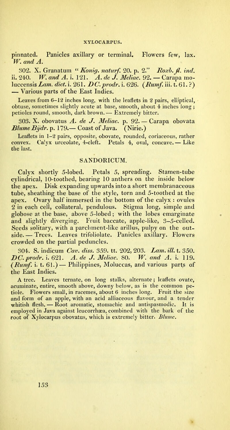 XYLOCARPUS. pinnated. Panicles axillary or terminal. Flowers few, lax. W. and A. 302. X. Granatum  Konig. naturf. 20. p. 2. Roxb.fi. ind. ii. 240. W. and A. i. 121. A.de J. Meliac. 92. — Carapa mo- luccensis Lam. diet. i. 261. DC.prodr. i. 626. (Bumf. iii. t. 61. ?) — Various parts of the East Indies. Leaves from 6-12 inches long, with the leaflets in 2 pairs, elliptical, obtuse, sometimes slightly acute at base, smooth, about 4 inches long ; petioles round, smooth, dark brown.— Extremely bitter. 303. X. obovatus A. de J. Meliac. p. 92. — Carapa obovata BlumeJSjjdr. p. 179.— Coast of Java. (Nirie.) Leaflets in 1-2 pairs, opposite, obovate, rounded, coriaceous, rather convex. Calyx urceolate, 4-cleft. Petals 4, oval, concave. — Like the last. SANDORICUM. Calyx shortly 5-lobed. Petals 5, spreading. Stamen-tube cylindrical, 10-toothed, bearing 10 anthers on the inside below the apex. Disk expanding upwards into a short membranaceous tube, sheathing the base of the style, torn and 5-toothed at the apex. Ovary half immersed in the bottom of the calyx : ovules 2 in each cell, collateral, pendulous. Stigma long, simple and globose at the base, above 5-lobed; with the lobes emarginate and slightly diverging. Fruit baccate, apple-like, 3-5-celled. Seeds solitary, with a parchment-like arillus, pulpy on the out- side. — Trees. Leaves trifoliolate. Panicles axillary. Flowers crowded on the partial peduncles. 304. S. indicum Cav. diss. 359. tt. 202, 203. Lam. ill. t. 350. DC.prodr. i. 621. A. de J. Meliac. 80. W. and A. i. 119. (Rumf. i. t. 61.)— Philippines, Moluccas, and various parts of the East Indies. A tree. Leaves ternate, on long stalks, alternate; leaflets ovate, acuminate, entire, smooth above, downy below, as is the common pe- tiole. Flowers small, in racemes, about 6 inches long. Fruit the size and form of an apple, with an acid alliaceous flavour, and a tender whitish flesh. — Root aromatic, stomachic and antispasmodic. It is employed in Java against leucorrhaea, combined with the bark of the root of Xylocarpus obovatus, which is extremely bitter. Blumc.