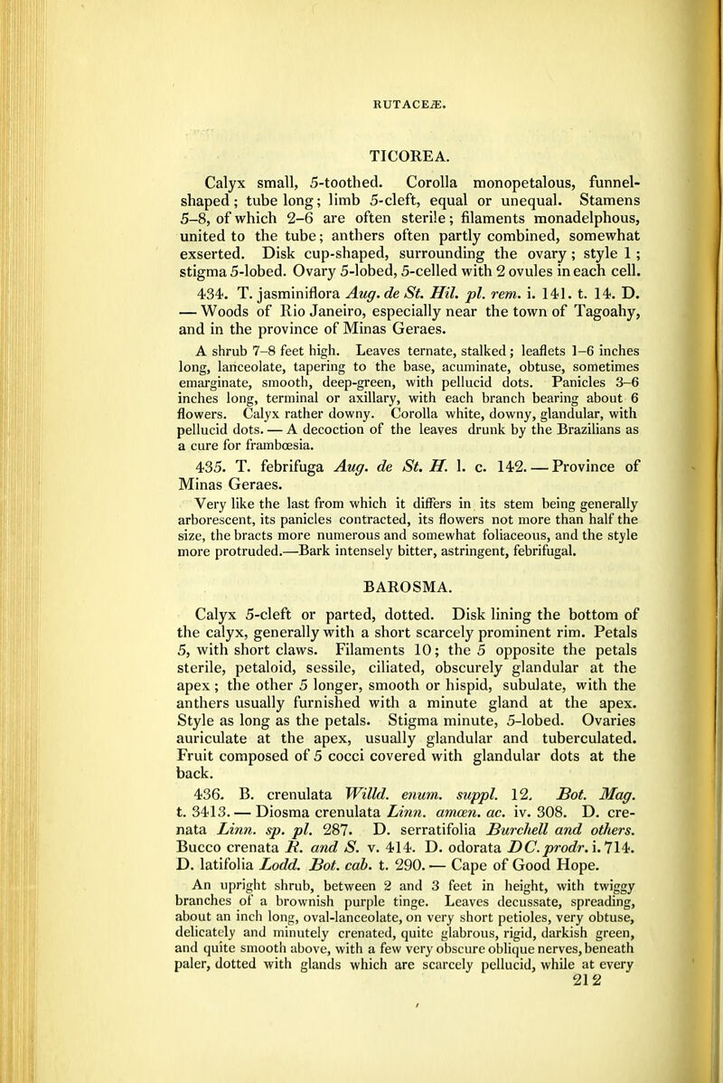 TICOREA. Calyx small, 5-toothed. Corolla monopetalous, funnel- shaped; tube long; limb 5-cleft, equal or unequal. Stamens 5-8, of which 2-6 are often sterile; filaments monadelphous, united to the tube; anthers often partly combined, somewhat exserted. Disk cup-shaped, surrounding the ovary; style 1 ; stigma 5-lobed. Ovary 5-lobed, 5-celled with 2 ovules in each cell. 434. T. jasminiflora Aug. de St. Hil. pi. rem. i. 141. t. 14. D. — Woods of Rio Janeiro, especially near the town of Tagoahy, and in the province of Minas Geraes. A shrub 7-8 feet high. Leaves ternate, stalked ; leaflets 1-6 inches long, lanceolate, tapering to the base, acuminate, obtuse, sometimes emarginate, smooth, deep-green, with pellucid dots. Panicles 3-6 inches long, terminal or axillary, with each branch bearing about 6 flowers. Calyx rather downy. Corolla white, downy, glandular, with pellucid dots. — A decoction of the leaves drunk by the Brazilians as a cure for frambcesia. 435. T. febrifuga Aug. de St. H. 1. c. 142.— Province of Minas Geraes. Very like the last from which it differs in its stem being generally arborescent, its panicles contracted, its flowers not more than half the size, the bracts more numerous and somewhat foliaceous, and the style more protruded.—Bark intensely bitter, astringent, febrifugal. BAROSMA. Calyx 5-cleft or parted, dotted. Disk lining the bottom of the calyx, generally with a short scarcely prominent rim. Petals 5, with short claws. Filaments 10; the 5 opposite the petals sterile, petaloid, sessile, ciliated, obscurely glandular at the apex ; the other 5 longer, smooth or hispid, subulate, with the anthers usually furnished with a minute gland at the apex. Style as long as the petals. Stigma minute, 5-lobed. Ovaries auriculate at the apex, usually glandular and tuberculated. Fruit composed of 5 cocci covered with glandular dots at the back. 436. B. crenulata Willd. enum. suppl. 12. Bot. Mag. t. 3413. — Diosma crenulata Linn, amcen. ac. iv. 308. D. cre- nata Linn. sp. pi. 287. D. serratifolia Burchell and others. Bucco crenata R. and S. v. 414. D. odorata DC. prodr.\.1\^. D. latifolia Lodd. Bot. cab. t. 290. — Cape of Good Hope. An upright shrub, between 2 and 3 feet in height, with twiggy branches of a brownish purple tinge. Leaves decussate, spreading, about an inch long, oval-lanceolate, on very short petioles, very obtuse, delicately and minutely crenated, quite glabrous, rigid, darkish green, and quite smooth above, with a few very obscure oblique nerves, beneath paler, dotted with glands which are scarcely pellucid, while at every