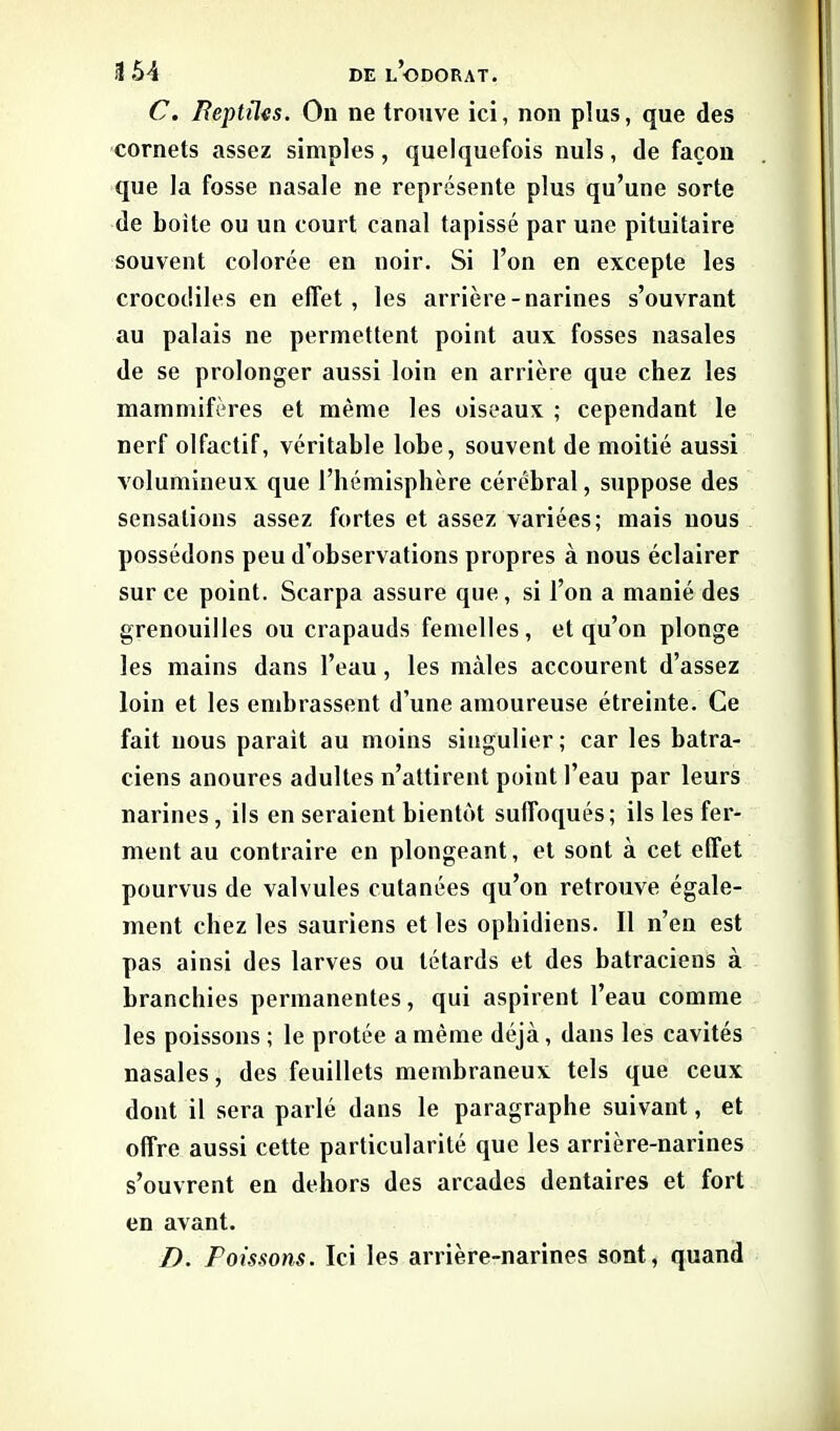 C. Reptiles. On ne trouve ici, non plus, que des cornets assez simples, quelquefois nuis, de façon que la fosse nasale ne représente plus qu’une sorte de boite ou un court canal tapissé par une pituitaire souvent colorée en noir. Si l’on en excepte les crocodiles en effet, les arrière-narines s’ouvrant au palais ne permettent point aux fosses nasales de se prolonger aussi loin en arrière que chez les mammifères et même les oiseaux ; cependant le nerf olfactif, véritable lobe, souvent de moitié aussi volumineux que l’hémisphère cérébral, suppose des sensations assez fortes et assez variées; mais nous possédons peu d'observations propres à nous éclairer sur ce point. Scarpa assure que, si l’on a manié des grenouilles ou crapauds femelles , et qu’on plonge les mains dans l’eau, les mâles accourent d’assez loin et les embrassent d’une amoureuse étreinte. Ce fait nous parait au moins singulier; car les batra- ciens anoures adultes n’attirent point l’eau par leurs narines, ils en seraient bientôt suffoqués; ils les fer- ment au contraire en plongeant, et sont à cet effet pourvus de valvules cutanées qu’on retrouve égale- ment chez les sauriens et les ophidiens. Il n’en est pas ainsi des larves ou têtards et des batraciens à branchies permanentes, qui aspirent l’eau comme les poissons ; le protée a même déjà, dans les cavités nasales, des feuillets membraneux tels que ceux dont il sera parlé dans le paragraphe suivant, et offre aussi cette particularité que les arrière-narines s’ouvrent en dehors des arcades dentaires et fort en avant. D. Poissons. Ici les arrière-narines sont, quand