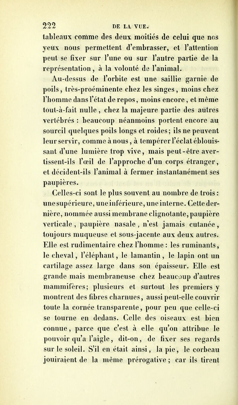 tableaux comme des deux moitiés de celui que nos yeux nous permettent d’embrasser, et l’attention peut se fixer sur l’une ou sur l’autre partie de la représentation, à la volonté de l’animal. Au-dessus de l’orbite est une saillie garnie de poils, très-proéminente chez les singes, moins chez l’homme dans l’état de repos, moins encore, et même tout-à-fait nulle , chez la majeure partie des autres vertébrés : beaucoup néanmoins portent encore au sourcil quelques poils longs et roides; ils ne peuvent leur servir, comme à nous, à tempérer l’éclat éblouis- sant d’une lumière trop vive, mais peut-être aver- tissent-ils l’œil de l’approche d’un corps étranger, et décident-ils l’animal à fermer instantanément ses paupières. Celles-ci sont le plus souvent au nombre de trois : une supérieure, une inférieure, une interne. Cette der- nière, nommée aussi membrane clignotante, paupière verticale , paupière nasale , n’est jamais cutanée, toujours muqueuse et sous-jacente aux deux autres. Elle est rudimentaire chez l’homme : les ruminants, le cheval, l’éléphant, le lamantin , le lapin ont un cartilage assez large dans son épaisseur. Elle est grande mais membraneuse chez beaucoup d’autres mammifères; plusieurs et surtout les premiers y montrent des fibres charnues, aussi peut-elle couvrir toute la cornée transparente, pour peu que celle-ci se tourne en dedans. Celle des oiseaux est bien connue, parce que c’est à elle qu’on attribue le pouvoir qu’a l’aigle, dit-on, de fixer ses regards sur le soleil. S’il en était ainsi, la pie, le corbeau jouiraient de la même prérogative ; car ils tirent