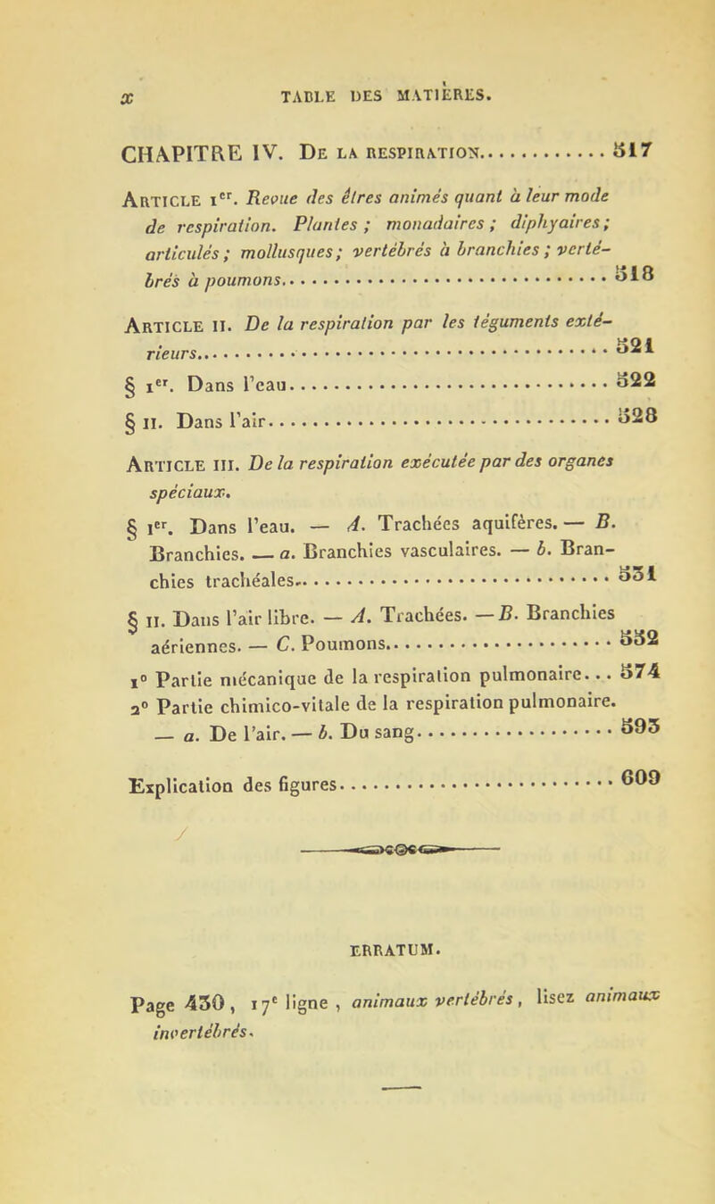 TADLE DES MATIERES. CHAPITRE IV. De la respiration SI7 Article i'*’. Revue des êtres animés quant aleurmode de respiration. Plantes; monadaircs ; diphyaires ; articulés; mollusques; vertébrés h branchies ; verté- brés à poumons Article IT. De la respiration par les téguments exté- rieurs § i. Dans l’eau o22 § II. Dans l’air ^28 Article iii. De la respiration exécutée par des organes spéciaux. § 1. Dans l’eau. — 4. Trachées aquifères. — B. Branchies. a. Branchies vasculaires. — b. Bran- chies trachéales. § II. Dans l’air libre. — A. Trachées. — B. Branchies aériennes. — C. Poumons 1° Partie mécanique de la respiration pulmonaire... a° Partie chimico-vitale de la respiration pulmonaire. — a. De l’air. — b. Du sang Explication des figures SS2 374 393 609 y ERRATUM. Page 430, 17'ligne, animaux vertébrés, lisez animaux invertébrés.