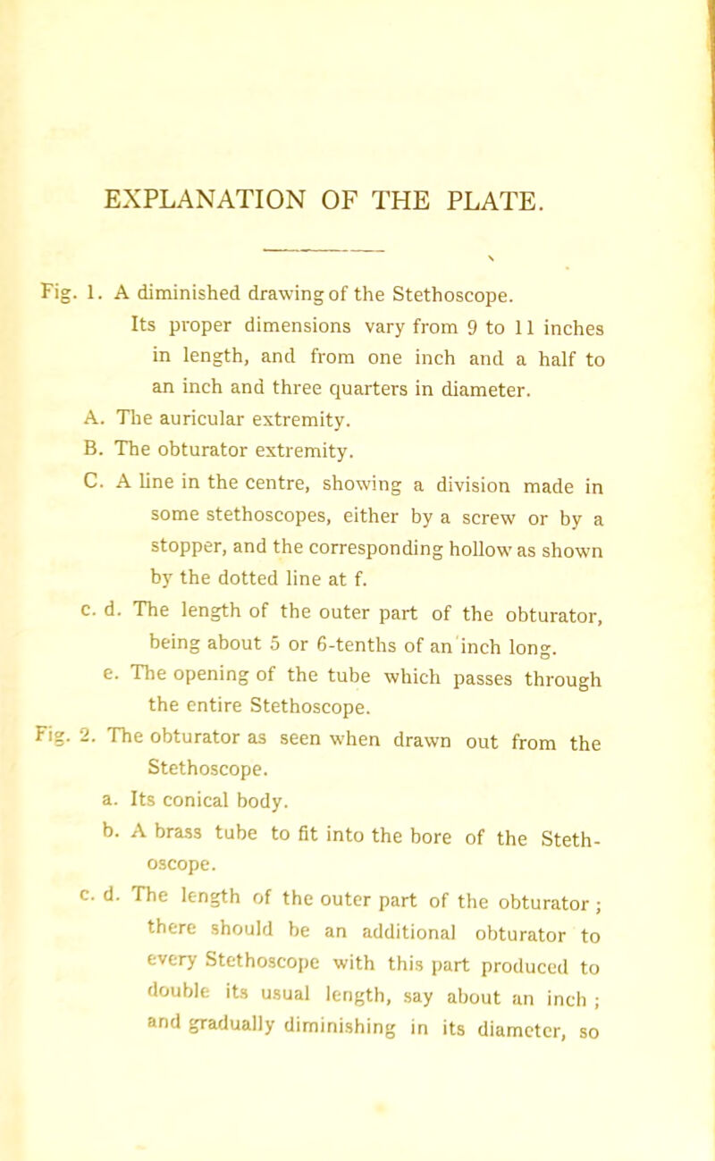 Fig. 1. A diminished drawing of the Stethoscope. Its proper dimensions vary from 9 to 11 inches in length, and from one inch and a half to an inch and three quarters in diameter. A. The auricular extremity. B. The obturator extremity. C. A line in the centre, showing a division made in some stethoscopes, either by a screw or by a stopper, and the corresponding hollow as shown by the dotted line at f. c. d. The length of the outer part of the obturator, being about 5 or 6-tenths of an inch long, e. The opening of the tube which passes through the entire Stethoscope. Fig. 2. The obturator as seen when drawn out from the Stethoscope. a. Its conical body. b. A brass tube to fit into the bore of the Steth- oscope. c. d. The length of the outer part of the obturator ; there should be an additional obturator to every Stethoscope with this part produced to double its usual length, say about an inch ; and gradually diminishing in its diameter, so