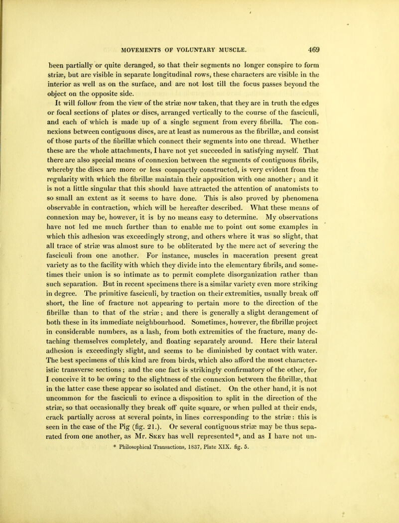 been partially or quite deranged, so that their segments no longer conspire to form striae, but are visible in separate longitudinal rows, these characters are visible in the interior as well as on the surface, and are not lost till the focus passes beyond the object on the opposite side. It will follow from the view of the striae now taken, that they are in truth the edges or focal sections of plates or discs, arranged vertically to the course of the fasciculi, and each of which is made up of a single segment from every fibrilla. The con- nexions between contiguous discs, are at least as numerous as the fibrillae, and consist of those parts of the fibrillae which connect their segments into one thread. Whether these are the whole attachments, I have not yet succeeded in satisfying myself. That there are also special means of connexion between the segments of contiguous fibrils, whereby the discs are more or less compactly constructed, is very evident from the regularity with which the fibrillae maintain their apposition with one another; and it is not a little singular that this should have attracted the attention of anatomists to so small an extent as it seems to have done. This is also proved by phenomena observable in contraction, which will be hereafter described. What these means of connexion may be, however, it is by no means easy to determine. My observations have not led me much further than to enable me to point out some examples in which this adhesion was exceedingly strong, and others where it was so slight, that all trace of striae was almost sure to be obliterated by the mere act of severing the fasciculi from one another. For instance, muscles in maceration present great variety as to the facility with which they divide into the elementary fibrils, and some- times their union is so intimate as to permit complete disorganization rather than such separation. But in recent specimens there is a similar variety even more striking in degree. The primitive fasciculi, by traction on their extremities, usually break off short, the line of fracture not appearing to pertain more to the direction of the fibrillae than to that of the striae; and there is generally a slight derangement of both these in its immediate neighbourhood. Sometimes, however, the fibrillae project in considerable numbers, as a lash, from both extremities of the fracture, many de- taching themselves completely, and floating separately around. Here their lateral adhesion is exceedingly slight, and seems to be diminished by contact with water. The best specimens of this kind are from birds, which also afford the most character- istic transverse sections ; and the one fact is strikingly confirmatory of the other, for I conceive it to be owing to the slightness of the connexion between the fibrillae, that in the latter case these appear so isolated and distinct. On the other hand, it is not uncommon for the fasciculi to evince a disposition to split in the direction of the striae, so that occasionally they break off quite square, or when pulled at their ends, crack partially across at several points, in lines corresponding to the striae: this is seen in the case of the Pig (fig. 21.). Or several contiguous striae may be thus sepa- rated from one another, as Mr. Skey has well represented*, and as I have not un- * Philosophical Transactions, 1837, Plate XIX. fig. 5.