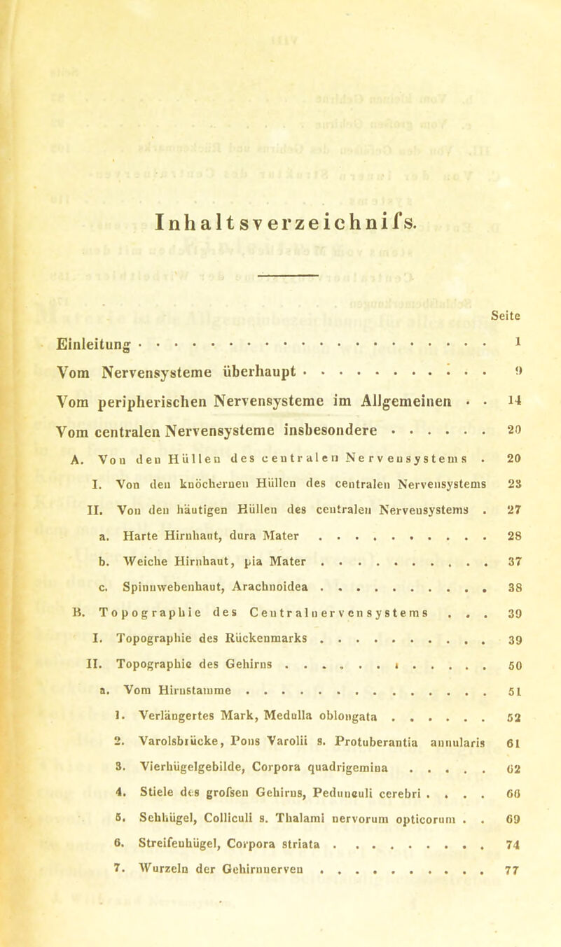 Inhaltsverzeichnifs. Seite Einleitung^ i Vom Nervensysteme überhaupt !> Vom peripherischen Nervensysteme im AlJgemeinen • • Vom centralen Nervensysteme insbesondere 20 A. Von den Hüllen des centralen Nervensystems . 20 I. Von den knöchernen Hüllen des centralen Nervensystems 2S II. Von den häutigen Hüllen des centralen Nervensystems . 27 a. Harte Hirnhaut, dura Mater 28 b. Weiche Hirnhaut, j>ia Mater 37 c. Spinuvvebenhaut, Arachnoidea 38 B. Topographie des Central uervensyste ms . . , 39 I. Topographie des Rückenmarks 39 II. Topographie des Gehirns i SO a. Vom Hirustamme 1. Verlängertes Mark, Mednlla oblongata 52 2. Varolsbiücke, Pons Varolii s. Protuberantia annularis 61 3. Vierhügelgebilde, Corpora quadrigemina 02 4. Stiele des grofsen Gehirns, Pedunouli cerebri .... 65 5. Sehliügel, Colliculi s. Thalami nervorum opticorum . . 69 6. Streifeuhügel, Corpora striata 74