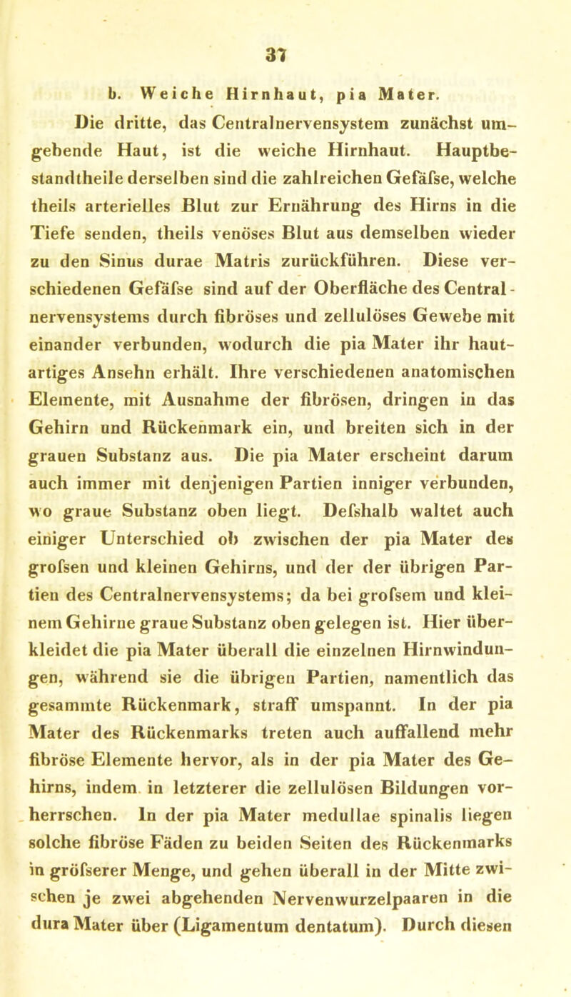 b. Weiche Hirnhaut, pia Mater. Die dritte, das Centralnervensystem zunächst um- gebende Haut, ist die weiche Hirnhaut. Hauptbe- standtheile derselben sind die zahlreichen Gefäfse, welche theils arterielles Blut zur Ernährung des Hirns in die Tiefe senden, theils venöses Blut aus demselben wieder zu den Sinus durae Matris zurückführen. Diese ver- schiedenen Gefafse sind auf der Oberfläche des Central- nervensystems durch fibröses und zellulöses Gewebe mit einander verbunden, wodurch die pia Mater ihr haut- artiges Ansehn erhält. Ihre verschiedenen anatomischen Elemente, mit Ausnahme der fibrösen, dringen in das Gehirn und Rückenmark ein, und breiten sich in der grauen Substanz aus. Die pia Mater erscheint darum auch immer mit denjenigen Partien inniger verbunden, wo graue Substanz oben liegt. Defshalb waltet auch einiger Unterschied ob zw^ischen der pia Mater des grofsen und kleinen Gehirns, und der der übrigen Par- tien des Centralnervensystems; da bei grofsem und klei- nem Gehirne graue Substanz oben gelegen ist. Hier über- kleidet die pia Mater überall die einzelnen Hirnwindun- gen, während sie die übrigen Partien, namentlich das gesammte Rückenmark, straff umspannt. In der pia Mater des Rückenmarks treten auch auffallend mehr fibröse Elemente hervor, als in der pia Mater des Ge- hirns, indem in letzterer die zellulösen Bildungen vor- herrschen. In der pia Mater medullae spinalis liegen solche fibröse Fäden zu beiden Seiten des Rückenmarks in gröfserer Menge, und gehen überall in der Mitte zwi- schen je zwei abgehenden Nervenwurzelpaaren in die dura Mater über (Ligamentum dentatum). Durch diesen