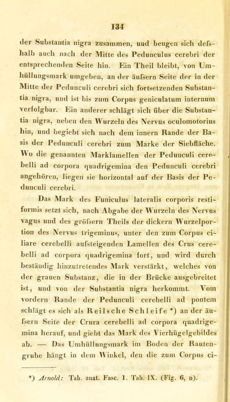 der Substanlia nigra zusammen, und beugen sich defs- halb auch nach der Mitte des Pedunculus cerebri der entsprechenden Seite hin. Ein Theil bleibt, von Um- hüllungsinark umgeben, an der äufsern Seite der in der Mitte der Pediinculi cerebri sich fortsetzenden Substan- tia nigra, und ist bis zum Corpus geniculatum internum verfolgbar. Ein anderer schlägt sich über die Substan- tia nigra, neben den Wurzeln des Nervus oculomotorius hin, und begiebt sich nach dem innern Rande der Ba- sis der Pedunculi cerebri zum Marke der Siebfläche. Wo die genannten Marklamellen der Pedunculi cere- belli ad Corpora quadrigemina den Pedunculi cerebri angehören, liegen sie horizontal auf der Basis der Pe- dunculi cerebri. Das Mark des Funiculus lateralis corporis resti- formis setzt sich, nach Abgabe der Wurzeln des Nervus Vagus und des grofsern Theils der dickem Wurzelpor- tion des Nervus trigemiuus, unter den zum Corpus ci- liare cerebelli aufsteigenden Lamellen des Crus cere- belli ad corpora quadrigemina fort, und wird durch beständig hinzutrelendes Mark verstärkt, welches von der grauen Substanz, die in der Brücke ausgebreitet ist, und von der Substantia nigra herkommt. Vom vordem Rande der Pedunculi cerebelli ad pontem schlägt es sich als Reil sehe Schleife *) an der äu- fsern Seite der Criira cerebelli ad corpora quadrige- mina herauf, und giebt das Mark des Vierhügelgebildes ab. — Das Umhüllungsmark im Boden der Rauten- grube hängt in dem Winkel, den die zum Corpus ci-