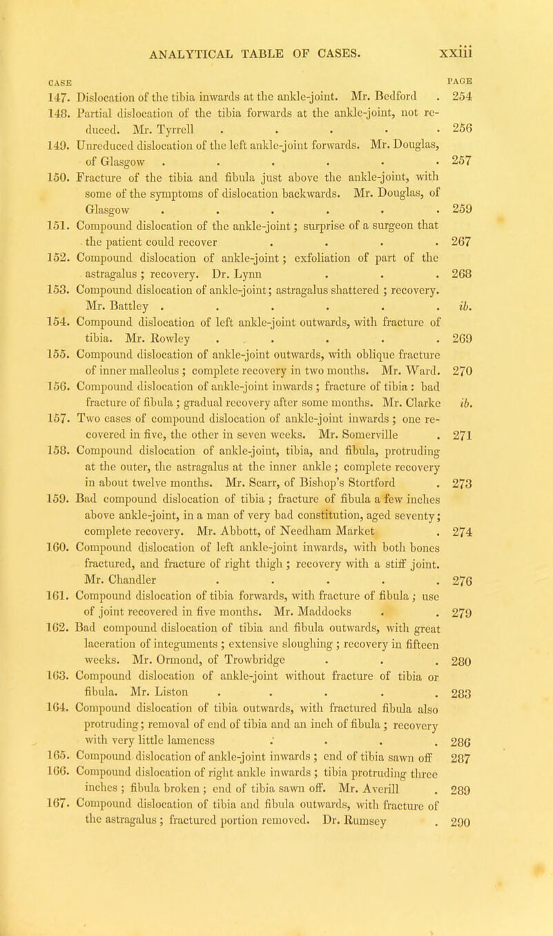 CASE 147- Dislocation of the tibia inwards at the ankle-joint. Mr. Bedford 148. Partial dislocation of the tibia forwards at the ankle-joint, not re- duced. Mr. Tyrrell ..... 140. Unreduced dislocation of the left ankle-joint forwards. Mr. Douglas, of Glasgow ...... 150. Fracture of the tibia and fibula just above the ankle-joint, with some of the symptoms of dislocation backwards. Mr. Douglas, of Glasgow ...... 151. Compound dislocation of the ankle-joint; surprise of a surgeon that the patient could recover .... 152. Compound dislocation of ankle-joint; exfoliation of part of the astragalus ; recovery. Dr. Lynn 153. Compound dislocation of ankle-joint; astragalus shattered ; recovery. Mr. Battley ...... 154. Compound dislocation of left ankle-joint outwards, with fracture of tibia. Mr. Rowley ..... 155. Compound dislocation of ankle-joint outwards, with oblique fracture of inner malleolus; complete recovery in two months. Mr. Ward. 156. Compound dislocation of ankle-joint inwards ; fracture of tibia : bad fracture of fibula ; gradual recovery after some months. Mr. Clarke 157. Two eases of compound dislocation of ankle-joint inwards ; one re- covered in five, the other in seven weeks. Mr. Somerville 158. Compound dislocation of ankle-joint, tibia, and fibula, protruding at the outer, the astragalus at the inner ankle ; complete recovery in about twelve months. Mr. Scarr, of Bishop’s Stortford 159. Bad compound dislocation of tibia ; fracture of fibula a few inches above ankle-joint, in a man of very bad constitution, aged seventy; complete recovery. Mr. Abbott, of Needham Market 1G0. Compound dislocation of left ankle-joint inwards, with both bones fractured, and fracture of right thigh ; recovery with a stiff joint. Mr. Chandler ..... 161. Compound dislocation of tibia forwards, with fracture of fibula; use of joint recovered in five months. Mr. Maddocks 162. Bad compound dislocation of tibia and fibula outwards, with great laceration of integuments ; extensive sloughing ; recovery in fifteen weeks. Mr. Ormond, of Trowbridge 163. Compound dislocation of ankle-joint without fracture of tibia or fibula. Mr. Liston ..... 164. Compound dislocation of tibia outwards, with fractured fibula also protruding; removal of end of tibia and an inch of fibula; recovery with very little lameness . ... 165. Compound dislocation of ankle-joint inwards ; end of tibia sawn off 166. Compound dislocation of right ankle inwards ; tibia protruding three inches ; fibula broken ; end of tibia sawn off. Mr. Averill 167. Compound dislocation of tibia and fibula outwards, with fracture of the astragalus; fractured portion removed. Dr. ltumsey PAGE 254 256 257 259 267 268 ib. 269 270 ib. 271 273 274 276 279 280 283 286 287 289 290