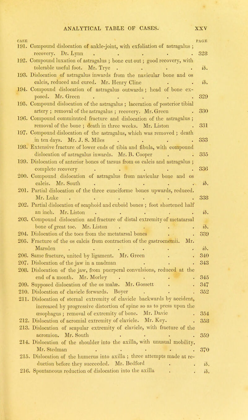 CASE PAGE 191. Compound dislocation of ankle-joint, with exfoliation of astragalus ; recovery. Dr. Lynn ..... 328 192. Compound luxation of astragalus ; bone cut out; good recovery, with tolerable useful foot. Mr. Trye .... ib. 193. Dislocation of astragalus inwards from the navicular bone and os calcis, reduced and cured. Mr. Henry Cline . . ib. 194. Compound dislocation of astragalus outwards; head of bone ex- posed. Mr. Green ..... 329 195. Compound dislocation of the astragalus ; laceration of posterior tibial artery ; removal of the astragalus ; recovery. Mr. Green . 330 196. Compound comminuted fracture and dislocation of the astragalus ; removal of the bone ; death in three weeks. Mr. Liston . 331 197. Compound dislocation of the astragalus, which was removed ; death in ten days. Mr. J. S. Miles .... 333 198. Extensive fracture of lower ends of tibia and fibula, with compound dislocation of astragalus inwards. Mr. B. Cooper . . 335 199. Dislocation of anterior bones of tarsus from os calcis and astragalus ; complete recovery ..... 330 200. Compound dislocation of astragalus from navicular bone and os calcis. Mr. South . . . . . ib. 201. Partial dislocation of the three cuneiforme bones upwards, reduced. Mr. Luke ...... 338 202. Partial dislocation of scaphoid and cuboid bones ; foot shortened half an inch. Mr. Liston . . . . . ib. 203. Compound dislocation and fracture of distal extremity of metatarsal bone of great toe. Mr. Liston .... ib. 204. Dislocation of the toes from the metatarsal bones . . 339 205. Fracture of the os calcis from contraction of the gastrocnemii. Mr. Marsden . . . . . . ib. 206. Same fracture, united by ligament. Mr. Green . . 340 207. Dislocation of the jaw in a madman . . . 343 208. Dislocation of the jaw, from puerperal convulsions, reduced at the end of a month. Mr. Morley .... 345 209. Supposed dislocation of the os malae. Mr. Gossett . . 347 210. Dislocation of clavicle forwards. Boyer . . . 352 211. Dislocation of sternal extremity of clavicle backwards by accident, increased by progressive distortion of spine so as to press upon the oesophagus; removal of extremity of bone. Mr. Davie . 354 212. Dislocation of acromial extremity of clavicle. Mr. Key. . 358 213. Dislocation of scapular extremity of clavicle, with fracture of the acromion. Mr. South .... 359 214. Dislocation of the shoulder into the axilla, with unusual mobility. Mr. Stcdman ..... 370 215. Dislocation of the humerus into axilla ; three attempts made at re- duction before they succeeded. Mr. Bedford . . ib. 216. Spontaneous reduction of dislocation into the axilla . . ib.