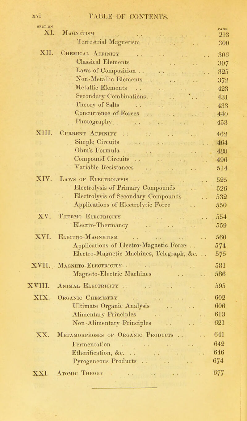 SKCTIOK XI. Magnetism . . . . . . . . . . 293 Terre.strial Magnetism . . . , . . 300 XII. Chemical Affinity . . . . . . 30G Classical Elements . . . . . . 307 Laws of Composition . . . . . . . . 32o Non-Metallic Elements . . . . . . 372 Metallic Elements . . . . . . . . 423 Secondary Combinations. . . . ‘ . 431 Theory of Salts . . . . . . . . 433 Concurrence of Forces 440 Photography . . . . . . . 453 XIII. Current Affinity . . . . . . . . 462 Simple Circuits . . . . . . . . 464 Ohm’s Formula . . . . . . . . 488 Compound Circuits . . . . . . . . 496 Variable Resistances . . . . . . 5] 4 XIV. Laws of Electrolysis . . . . . . . . 525 Electrolysis of Primary Compounds . . 526 Electrolysis of Secondary Compounds . . 532 Applications of Electrolytic Force . . 550 XV. Thermo Electricity . . . . . . . . 554 Electro-Thermancy . . . . . . 559 XVI. Electro-Magnetism . . . . . . . . 560 Applications of Electro-Magnetic Force . . 574 Electro-Magnetic Machines, Telegraph, &c. . . 575 XVII. ]\fagneto-Electricity. . . . . . . . 581 Magneto-Electric Machines . . . . 586 XVIII. Animal Electricity . . . . . . . . 595 XIX. Organic Chemistry . . . . . . . . 602 Ultimate Organic Analysis . . . . 606 Alimentary Principles . . . . . . 613 Non-Alimentary Principles . . . . 621 XX. Metamorphoses of Organic Prooucts . . . . 641 Fermentation . . . . . . . . 642 Etherification, &c. . . . . . . . . 646 Pju'ogencous Products . . . . . . 674 XXL Atomic Theory . . . . . . . . 677