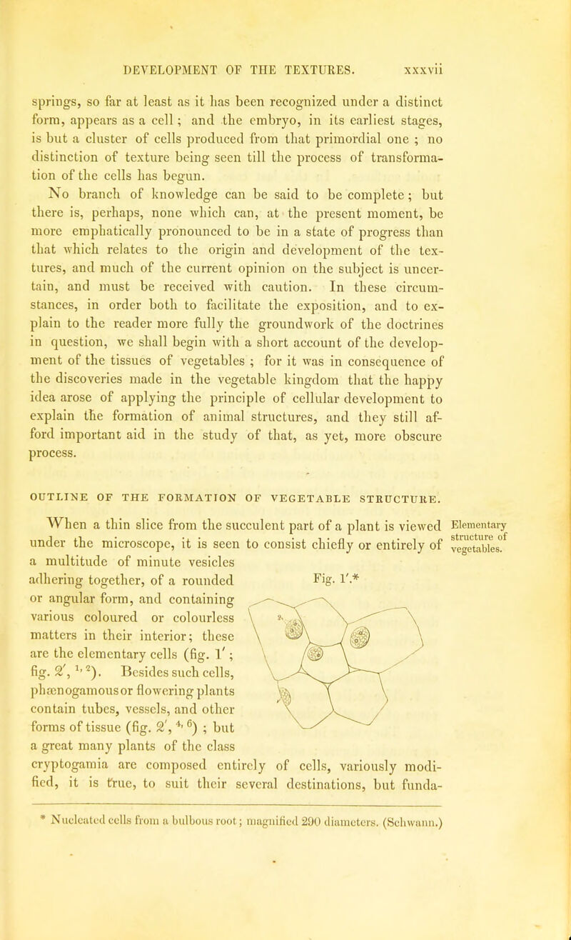 springs, so far at least as it lias been recognized under a distinct form, appears as a cell; and the embryo, in its earliest stages, is but a cluster of cells produced from that primordial one ; no distinction of texture being seen till tlie process of transforma- tion of the cells has begun. No branch of knowledge can be said to be complete; but there is, perhaps, none which can, at the present moment, be more emphatically pronounced to be in a state of progress than that which relates to the origin and development of the tex- tures, and much of the current opinion on the subject is uncer- tain, and must be received with caution. In these circum- stances, in order both to facilitate the exposition, and to ex- plain to the reader more fully the groundwork of the doctrines in question, we shall begin with a short account of the develop- ment of the tissues of vegetables ; for it was in consequence of the discoveries made in the vegetable kingdom that the happy idea arose of applying the principle of cellular development to explain the formation of animal structures, and they still af- ford important aid in the study of that, as yet, more obscure process. OUTLINE OF THE FORMATION OF VEGETABLE STRUCTURE. When a thin slice from the sueculent part of a plant is viewed under the microscope, it is seen to consist chiefly or entirely of a multitude of minute vesicles adhering together, of a rounded Fig. 1'.* or angular form, and eontaining various coloured or colourless matters in their interior; these are the elementary cells (fig. ; fig. . Besides such cells, phmnogamousor flowering plants contain tubes, vessels, and other forms of tissue (fig. 2',®) ; but a great many plants of the class cryptogamia are composed entirely of cells, variously modi- fied, it is true, to suit their several destinations, but funda- Elementary structure of vegetables. * Nucleated cells from a bulbous root; magnified 290 diameters. (Seliwaim.)