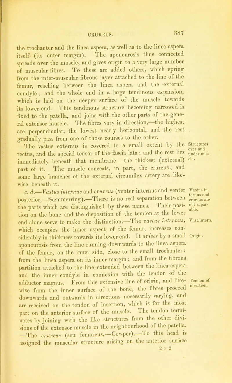 887 the trochanter and the linea aspera, as ■well as to the linea aspera itself (its outer margin). The aponeurosis thus connected spreads over the muscle, and gives origin to a very large number of muscular fibres. To these are added others, which spring from the inter-muscular fibrous layer attached to the line of the femur, reaching between the linea aspera and the external condyle; and the whole end in a large tendinous expansion, which is laid on the deeper surface of the muscle towards its lower end. This tendinous structure becoming narrowed is fixed to the patella, and joins with the other parts of the gene- ral extensor muscle. The fibres vary in direction, the highest are perpendicular, the lowest nearly horizontal, and the rest gradually pass from one of those courses to the other. The vastus externus is covered to a small extent by the rectus, and the special tensor of the fascia lata; and the rest lies immediately beneath that membrane—the thickest (external) part of it. The muscle conceals, in part, the crureus; and some larffe branches of the external circumflex artery are like- O wise beneath it. c. (1.— Vastus internus and crureus (venter internus and venter posterior,—Soemmerring).—There is no real separation between the parts which are distinguished by these names. Their posi- tion on the bone and the disposition of the tendon at the lowei end alone serve to make the distinction.—The vastus internus, which occupies the inner aspect of the femur, increases con- siderably in thickness towards its lower end. It arises by a small aponeurosis from the line running downwards to the linea aspera of the femur, on the inner side, close to the small trochanter; from the linea aspera on its inner margin ; and from the fibrous partition attached to the line extended between the linea aspera and the inner condyle in connexion with the tendon of the adductor magnus. From this extensive line of origin, and like- wise from the inner surface of the bone, the fibres pioceed downwards and outwards in directions necessarily vaiying, and are received on the tendon of insertion, which is for the most part on the anterior surface of the muscle. The tendon termi- nates by joining with the like structures from the other divi- sions of the extensor muscle in the neighbourhood of the patella. —The crureus (sen femoreus,—Cowper).—To this head is assigned the muscular structure arising on the anteiior surface Structures over and under mus- cle. Vastus in- ternus and crureus are not separ- able. Vast.inteni. Origin. Tendon of insertion.