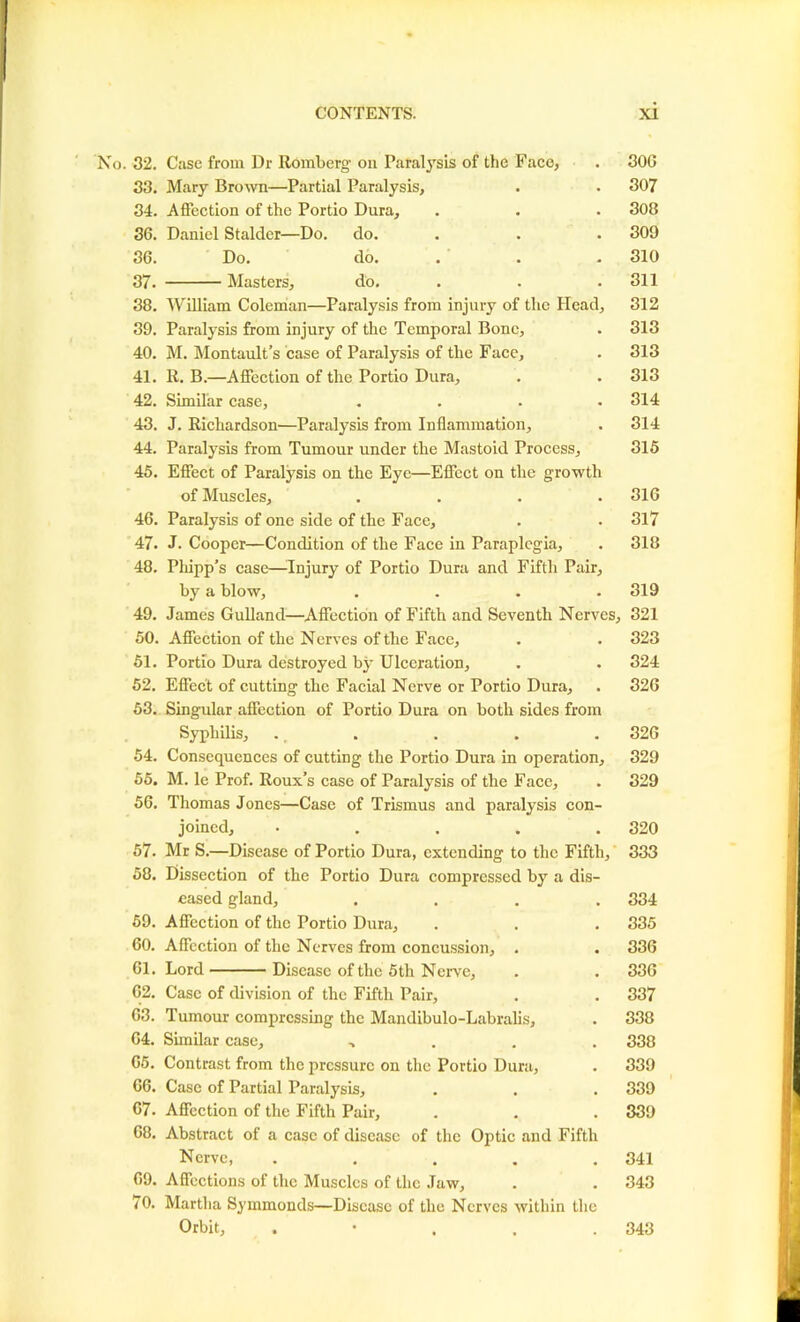 No. 32. Case from Dr Romberg on Paralysis of the Face, . 30G 33. Mary Brown—Partial Paralysis, . . 307 34. Affection of the Portio Dura, . . . 308 36. Daniel Stalder—Do. do. . . . 309 36. Do. do. . . .310 37- Masters, do. . . .311 38. William Coleman—Paralysis from injury of the Head, 312 39. Paralysis from injury of the Temporal Bone, . 313 40. M. Montault’s case of Paralysis of the Face, . 313 41. R. B.—Affection of the Portio Dura, . . 313 42. Similar case, .... 314 43. J. Richardson—Paralysis from Inflammation, . 314 44. Paralysis from Tumour under the Mastoid Process, 315 45. Effect of Paralysis on the Eye—Effect on the growth of Muscles, .... 316 46. Paralysis of one side of the Face, . . 317 47. J. Cooper—Condition of the Face in Paraplegia, . 318 48. Phipp’s case—Injury of Portio Dura and Fifth Pair, by a blow, .... 319 49. James Gulland—Affection of Fifth and Seventh Nerves, 321 50. Affection of the Nerves of the Face, . . 323 51. Portio Dura destroyed by Ulceration, . . 324 52. Effect of cutting the Facial Nerve or Portio Dura, . 326 53. Singular affection of Portio Dura on both sides from Syphilis, ., . . . . 326 54. Consequences of cutting the Portio Dura in operation, 329 55. M. le Prof. Roux’s case of Paralysis of the Face, . 329 56. Thomas Jones—Case of Trismus and paralysis con- joined, • 320 57. Mr S.—Disease of Portio Dura, extending to the Fifth, 333 58. Dissection of the Portio Dura compressed by a dis- eased gland, .... 334 59. Affection of the Portio Dura, . . . 335 60. Affection of the Nerves from concussion, . . 336 61. Lord Disease of the 5th Nerve, . . 336 62. Case of division of the Fifth Pair, . . 337 63. Tumour compressing the Mandibulo-Labralis, . 338 64. Similar case, > . . . 338 65. Contrast from the pressure on the Portio Dura, . 339 66. Case of Partial Paralysis, . . . 339 67. Affection of the Fifth Pair, . . . 339 68. Abstract of a case of disease of the Optic and Fifth Nerve, ..... 341 69. Affections of the Muscles of the Jaw, . . 343 70. Martha Symmonds—Disease of the Nerves within the Orbit, 343