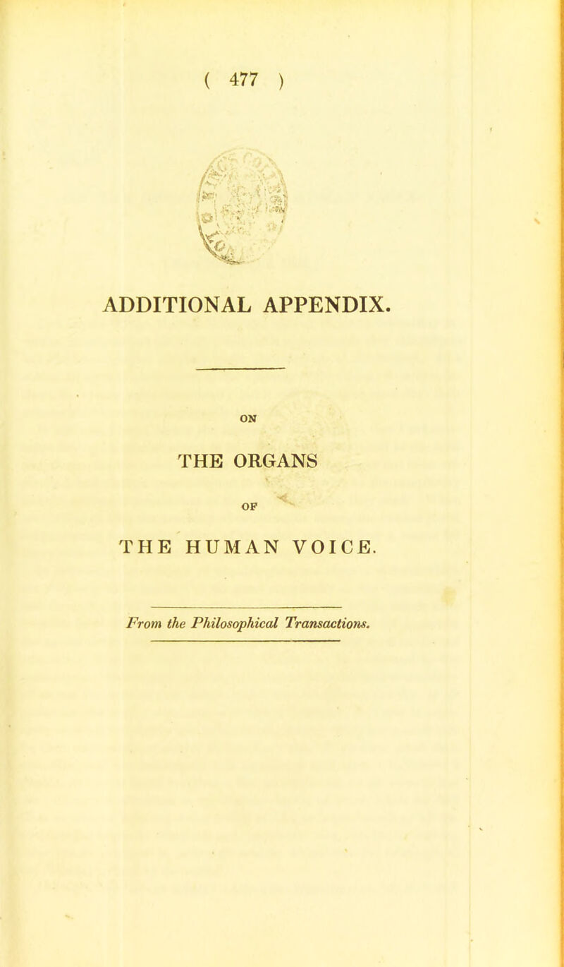 ADDITIONAL APPENDIX. ON THE ORGANS OP THE HUMAN VOICE. From the Philosophical Transactions.