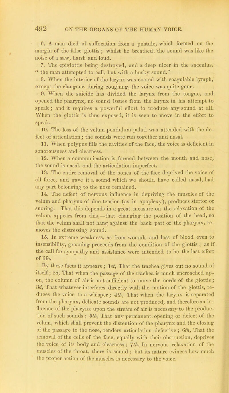 6. A man died of suffocation from a pustule, which formed on the margin of the false glottis; whilst he breathed, the sound was like the noise of a saw, harsh and loud. 7- The epiglottis being destroyed, and a deep ulcer in the sacculus, “ the man attempted to call, but with a husky sound.” 8. When the interior of the larynx was coated with coagulable lymph, except the clangour, during coughing, the voice was quite gone. 9. When the suicide has divided the larynx from the tongue, and opened the pharynx, no sound issues from the larynx in his attempt to speak; and it requires a powerful effort to produce any sound at all. When the glottis is thus exposed, it is seen to move in the effort to speak. 10. The loss of the velum pendulum palati was attended with the de- fect of articulation; the sounds were run together and nasal. 11. When polypus fills the cavities of the face, the voice is deficient in sonorousness and clearness. 12. When a communication is formed between the mouth and nose, the sound is nasal, and the articulation imperfect. 13. The entire removal of the bones of the face deprived the voice of all force, and gave it a sound which we should have called nasal, had any part belonging to the nose remained. 14. The defect of nervous influence in depriving the muscles of the velum and pharynx of due tension (as in apoplexy), produces stertor or snoring. That this depends in a great measure on the relaxation of the velum, appears from this,—that changing the position of the head, so that the velum shall not hang against the back part of the pharynx, re- moves the distressing sound. 15. In extreme weakness, as from wounds and loss of blood even to insensibility, groaning proceeds from the condition of the glottis ; as if the call for sympathy and assistance were intended to be the last effort of life. By these facts it appears ; 1st, That the trachea gives out no sound of itself; 2d, That when the passage of the trachea is much encroached up- on, the column of air is not sufficient to move the cords of the glottis ; 3d, That whatever interferes directly with the motion of the glottis, re- duces the voice to a whisper; 4th, That when the larynx is separated from the pharynx, delicate sounds are not produced, and therefore an in- fluence of the pharynx upon the stream of air is necessary to the produc- tion of such sounds ; 5th, That any permanent opening or defect of the velum, which shall prevent the distention of the pharynx and the closing of the passage to the nose, renders articulation defective; Oth, That the removal of the cells of the face, equally with their obstruction, deprives the voice of its body and clearness; 7th, In nervous relaxation of the muscles of the throat, there is sound ; but its nature evinces how much Ihe proper action of the muscles is necessary to the voice.