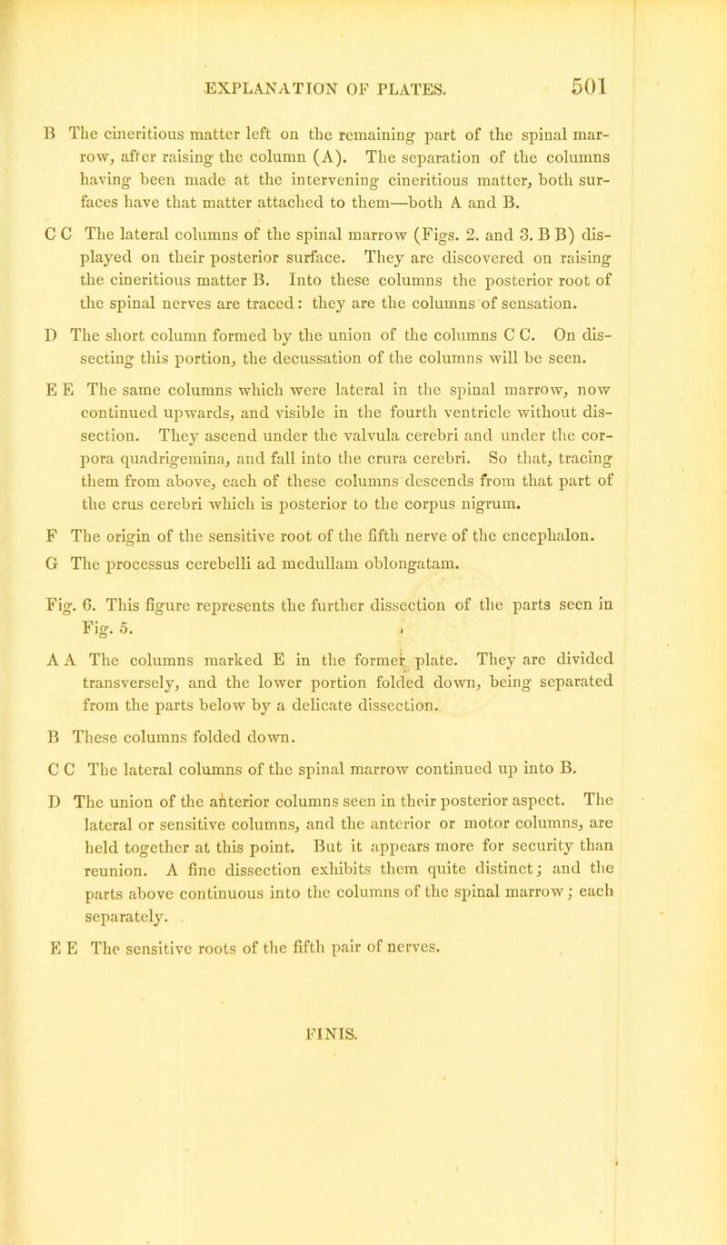 B The cineritious matter left on the remaining part of tlie spinal mar- row, after raising the column (A). The separation of the columns having been made at the intervening cineritious matter, both sur- faces have that matter attached to them—both A and B. C C The lateral columns of the spinal marrow (Figs. 2. and 3. B B) dis- played on their posterior surface. They are discovered on raising the cineritious matter B. Into these columns the posterior root of the spinal nerves are traced: they are the columns of sensation. D The short column formed by the union of the columns C C. On dis- secting this portion, the decussation of the columns will be seen. E E The same columns which were lateral in the spinal marrow, now continued upwards, and visible in the fourth ventricle without dis- section. They ascend under the valvula cerebri and under the cor- pora quadrigemina, and fall into the crura cerebri. So that, tracing them from above, each of these columns descends from that part of the crus cerebri which is posterior to the corpus nigrum. F The origin of the sensitive root of the fifth nerve of the encephalon. G The processus cerebelli ad medullam oblongatam. Fig. G. This figure represents the further dissection of the parts seen in Fig. 5. i A A The columns marked E in the former plate. They are divided transversely, and the lower portion folded down, being separated from the parts below by a delicate dissection. B These columns folded down. C C The lateral columns of the spinal marrow continued up into B. D The union of the anterior columns seen in their posterior aspect. The lateral or sensitive columns, and the anterior or motor columns, are held together at this point. But it appears more for security than reunion. A fine dissection exhibits them quite distinct; and the parts above continuous into the columns of the spinal marrow; each separately. , E E The sensitive roots of the fifth pair of nerves. FINIS.