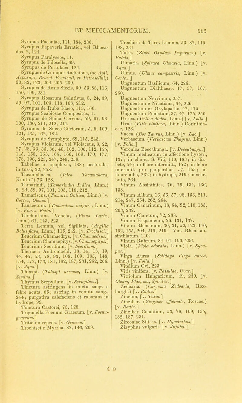 Syrupus Paeoniftc, 111, 18^1, 236. Syrupus Papaveris Erratici, vel Rhoea- des, 2, 124. Syrupus Paralyseos, 11. Syrupus de Pilosella, 69* Syrupus de Portulaca, 124. Syrupus de Quinque Radicibus, (sc. Apii, Asparagi, Brusci, Foeniculi, et Petroselini,) 30, 82, 123, 204, 205, 209. Syrupus de Rosis Siccis, 50, 53,88,116, 150, 199, 231. Syrupus Rosarum Solutivus, 8, 24, 39, 59, 97, 101, 103, 118, 168, 212. Syrupus de Rubo Idaeo, 113, 160. Syrupus Scabiosae Compositus, 1. Syrupus de Spina Cervina, 59, 97, 98, 100, 130, 211, 212, 214. Syrupus de Succo Citriorum, 5, 6, 109, 121, 135, 162, 182. Syrupus de S3rmpbyto, 69,115, 243. Syrupus Violarmn, vel Violaceus, 3, 22, 27, 28, 33, 35, 36, 40, 102, 106, 112, 125, 145, 158, 163, 165, 166, 169, 170, 177, 178, 196, 223, 247, 249, 259. Tabellae in apoplexia, 188; pectorales in tussi, 32, 258. Tacamabacca, {Idea Tacamahaca, Kunth?) 73, 128. Tamarindi, {Tamarindus Indica, Linn.) 8, 24, 59, 97, 101, 103, 118, 212. Tamariscus. {Tamarix Galliea, Linn.) [v. Cortex, Oleum.~\ Tanacetum. {Tanacetum vulgare, Linn.) [v. Flores, Folia.'] Terebinthina Veneta, {Pinus Larix, Linn.) 61, 143, 223. Terra Lemnia, vel. Sigillata, {Argilla Bolus flava, Linn.) 115,242. [v. Trochisci.] Teucrium Chamaedrys. [v. Chamaedrys.] Teucrium Chamaepitys. \y .Chamaepihjs^ Teucrium Scordium. [v. Scordium.] Theriaca Andromachi, 13, 14, 18, 19, 44, 45, 53, 78, 93, 108, 109, 135, 148, 154, 172, 173, 181,182, 187, 231,252, 266. [v. Aqua.] Thlaspi. {Thlaspi arvense, Linn.) [v. Semina. ] Thymus Serpyllum, [v. Serpyllum.] Tinctura astringens in mictu sang. e febre acuta, 65; astring. in vomitu sang., 244; purgativa calefaciens et roborans in hydrope, 99. Tinctura Castorei, 73, 128. Trigonella Foenum Graecum, [v. Foenu- graccum.] Triticum repens, [v. Gramen^ Trochisci e Myrrha, 82, 143, 209. Trochisci de Terra Lemnia, 53, 87, 115, 198, 231. Tutia. {Zinci Oxydum Impurum.) [v. Pulvis.] Ulmaria. {Spiraca Ulmaria, Linn.) [v. Aqtia.] Ulmus. {Ulmus campestris, Linn.) [v. Cortex.] Unguentum Basilicum, 64, 226. Unguentum Dialthaeae, 17, 37, 167, 250. Unguentum Nervinum, 257. Unguentum e Nicotiana, 64, 226. Unguentum ex Oxylapatho, 47, 175. Unguentum Pomatum, 37, 47, 175, 250. Urtica. {Urtica dioica, Linn.) [v. Folia.] Uvae {Vitis vinifera, Liim.) Corinthia- cae, 123. Vacca. {Bos Taurus, Linn.) [v. Lac.] Verbascum. {Verhascum Thapsus, Linn.) [v. Folia.] Veronica Beccabunga. [v. Beccabunga.] Vinum medicatum in affectione hyster., 137 ; in chorea S. Viti,, 110, 183; in dia- bete, 54 ; in febre intermitt., 152; in febre intermitt. pro pauperibus, 57, 153; iii fluore albo, 232; in hydrope, 219 ; in scor- buto, 264. Vinum Absinthites, 76, 79, 134, 136, 138. Vinum Album, 16, 56, 57, 98, 153, 211, 214, 247, 254, 262, 264. Vinum Canarinum, 18, 54, 92, 110,183, 203, 232. Vinum Claretum, 72, 238. Vinum Hispanicum, 26, 131, 137. Vinum Rhenanum, 30, 31, 52,123, 140, 152, 155, 204, 216, 219. Vin. Rhen. ab- sinthiatum, 140. Vinum Rubrum, 84, 91, 190, 206. Viola. {Viola odorata, Linn.) [v. Syru- pus.] Virga Aurea. {Solidago Virga aurea, Linn.) [v. Folia.] Vitellum Ovi, 223. Vitis vinifera, [v. Passulae, Uvae,] Vitriolum Hungaricum, 49, 240. [v. Oleum, Phlegma, Spiritus.] Zedoaria. {Curcuma Zedoaria, Rox- burgh.) [v. Radix.] Zincum, [v. Tutia.] Zinziber. {Zingiber officinale, Roscoe.) [v. Radix.] Zinziber Conditum, 53, 78, 109, 135, 182, 187, 231. Zirconiae Silicas. [v. Hyacinthus.] Zizyphus vulgaris, [v. Jujuba.]