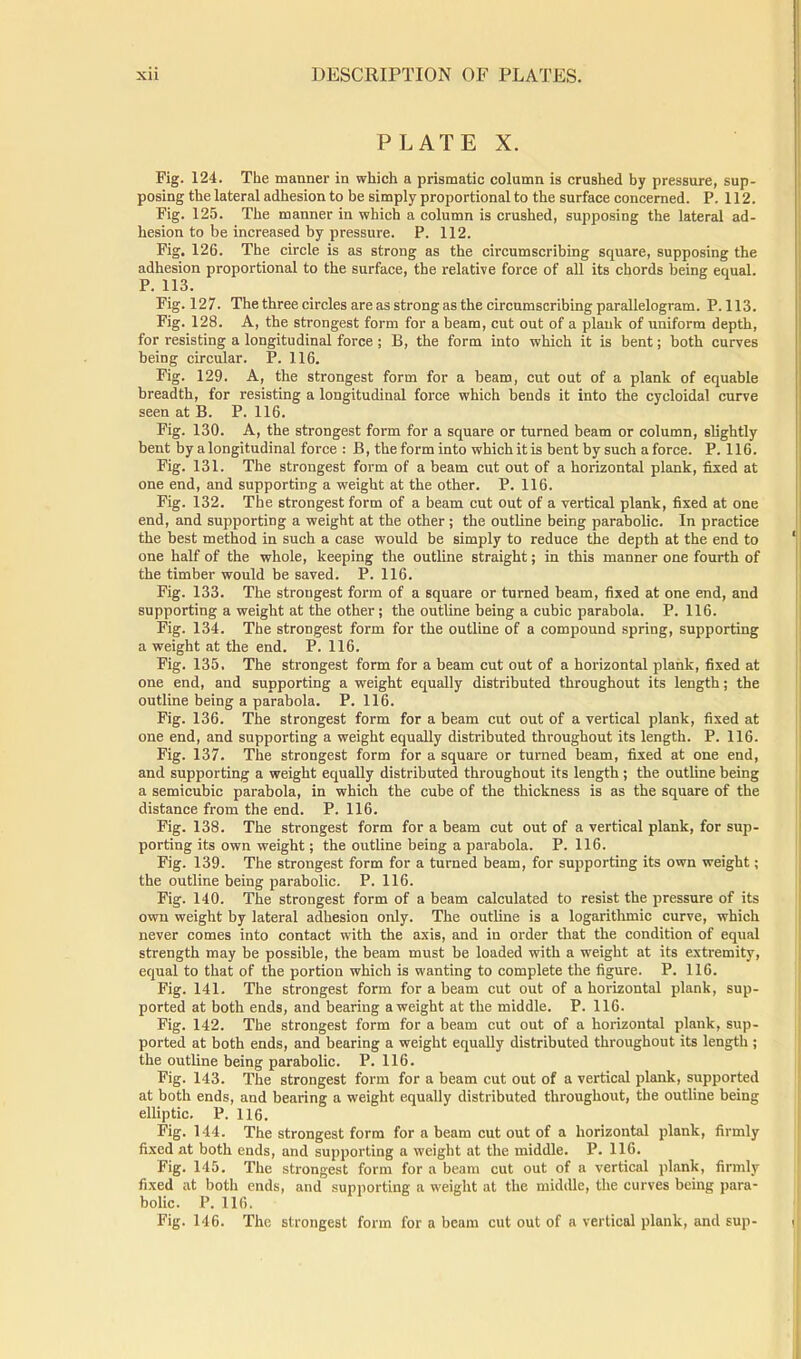 PLATE X. Fig. 124. The manner in which a prismatic column is crushed by pressure, sup- posing the lateral adhesion to be simply proportional to the surface concerned. P. 112. Fig. 125. The manner in which a column is crushed, supposing the lateral ad- hesion to be increased by pressure. P. 112. Fig. 126. The circle is as strong as the circumscribing square, supposing the adhesion proportional to the surface, the relative force of all its chords being equal. P. 113. Fig. 127. The three circles are as strong as the circumscribing parallelogram. P. 113. Fig. 128. A, the strongest form for a beam, cut out of a plank of uniform depth, for resisting a longitudinal force ; B, the form into which it is bent; both curves being circular. P. 116. Fig. 129. A, the strongest form for a beam, cut out of a plank of equable breadth, for resisting a longitudinal force which bends it into the cycloidal curve seen at B. P. 116. Fig. 130. A, the strongest form for a square or turned beam or column, slightly bent by a longitudinal force : B, the form into which it is bent by such a force. P. 116. Fig. 131. The strongest form of a beam cut out of a horizontal plank, fixed at one end, and supporting a weight at the other. P. 116. Fig. 132. The strongest form of a beam cut out of a vertical plank, fixed at one end, and supporting a weight at the other ; the outline being parabolic. In practice the best method in such a case would be simply to reduce the depth at the end to ‘ one half of the whole, keeping the outline straight; in this manner one fourth of the timber would be saved. P. 116. Fig. 133. The strongest form of a square or turned beam, fixed at one end, and supporting a weight at the other ; the outline being a cubic parabola. P. 116. Fig. 134. The strongest form for the outline of a compound spring, supporting a weight at the end. P. 116. Fig. 135. The strongest form for a beam cut out of a horizontal plank, fixed at one end, and supporting a weight equally distributed throughout its length; the outline being a parabola. P. 116. Fig. 136. The strongest form for a beam cut out of a vertical plank, fixed at one end, and supporting a weight equally distributed throughout its length. P. 116. Fig. 137. The strongest form for a square or turned beam, fixed at one end, and supporting a weight equally distributed throughout its length; the outline being a semicubic parabola, in which the cube of the thickness is as the square of the distance from the end. P. 116. Fig. 138. The strongest form for a beam cut out of a vertical plank, for sup- porting its own weight; the outline being a parabola. P. 116. Fig. 139. The strongest form for a turned beam, for supporting its own weight; the outline being parabolic. P. 116. Fig. 140. The strongest form of a beam calculated to resist the pressure of its own weight by lateral adhesion only. The outline is a logarithmic curve, which never comes into contact with the axis, and in order that the condition of equal strength may be possible, the beam must be loaded with a weight at its extremity, equal to that of the portion which is wanting to complete the figure. P. 116. Fig. 141. The strongest form for a beam cut out of a horizontal plank, sup- ported at both ends, and bearing aweight at the middle. P. 116. Fig. 142. The strongest form for a beam cut out of a horizontal plank, sup- ported at both ends, and bearing a weight equally distributed throughout its length ; the outline being parabolic. P. 116. Fig. 143. The strongest form for a beam cut out of a vertical plank, supported at both ends, and bearing a weight equally distributed throughout, the outline being elliptic. P. 116. Fig. 144. The strongest form for a beam cut out of a horizontal plank, firmly fixed at both ends, and supporting a weight at the middle. P. 116. Fig. 145. The strongest form for a beam cut out of a vertical plank, firmly fixed at both ends, and supporting a weight at the middle, the curves being para- bolic. P. 116. Fig. 146. The strongest form for a beam cut out of a vertical plank, and sup- <