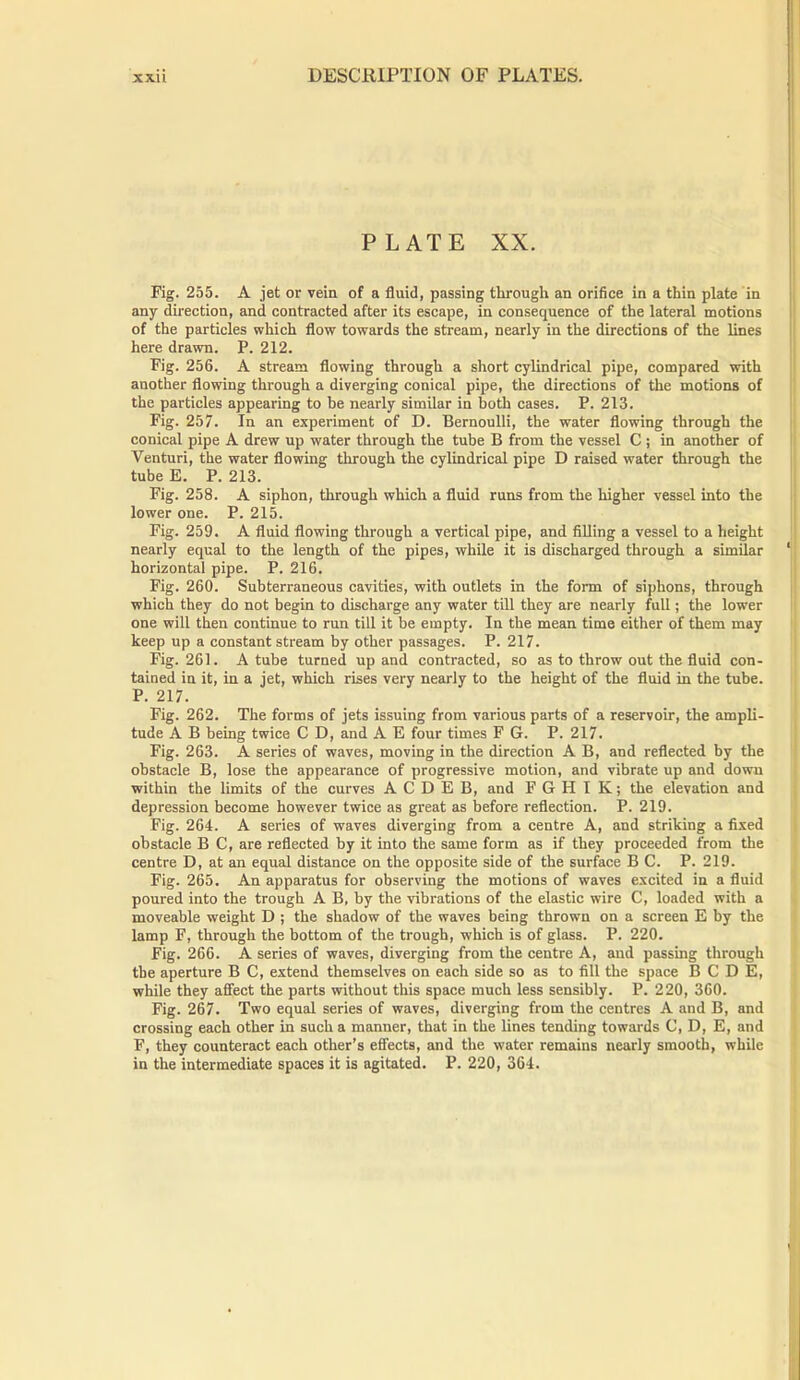 PLATE XX. Fig. 255. A jet or vein of a fluid, passing through an orifice in a thin plate in any direction, and contracted after its escape, in consequence of the lateral motions of the particles which flow towards the stream, nearly in the directions of the lines here drawn. P. 212. Fig. 256. A stream flowing through a short cylindrical pipe, compared with auother flowing through a diverging conical pipe, the directions of the motions of the particles appearing to be nearly similar in both cases. P. 213. Fig. 257. In an experiment of D. Bernoulli, the water flowing through the conical pipe A drew up water through the tube B from the vessel C ; in another of Venturi, the water flowing through the cylindrical pipe D raised water through the tube E. P. 213. Fig. 258. A siphon, through which a fluid runs from the higher vessel into the lower one. P. 215. Fig. 259. A flnid flowing through a vertical pipe, and filling a vessel to a height nearly equal to the length of the pipes, while it is discharged through a similar ‘ horizontal pipe. P. 216. Fig. 260. Subterraneous cavities, with outlets in the form of siphons, through which they do not begin to discharge any water till they are nearly full; the lower one will then continue to run till it be empty. In the mean time either of them may keep up a constant stream by other passages. P. 217. Fig. 261. A tube turned up and contracted, so as to throw out the fluid con- tained in it, in a jet, which rises very nearly to the height of the fluid in the tube. P. 217. Fig. 262. The forms of jets issuing from various parts of a reservoir, the ampli- tude A B being twice C D, and A E four times F G. P. 217. Fig. 263. A series of waves, moving in the direction A B, and reflected by the obstacle B, lose the appearance of progressive motion, and vibrate up and down within the limits of the curves A C D E B, and F G H I K; the elevation and depression become however twice as great as before reflection. P. 219. Fig. 264. A series of waves diverging from a centre A, and striking a fixed obstacle B C, are reflected by it into the same form as if they proceeded from the centre D, at an equal distance on the opposite side of the surface B C. P. 219. Fig. 265. An apparatus for observing the motions of waves excited in a fluid poured into the trough A B, by the vibrations of the elastic wire C, loaded with a moveable weight D ; the shadow of the waves being thrown on a screen E by the lamp F, through the bottom of the trough, which is of glass. P. 220. Fig. 266. A series of waves, diverging from the centre A, and passing through the aperture B C, extend themselves on each side so as to fill the space B C D E, while they affect the parts without this space much less sensibly. P. 220, 360. Fig. 267. Two equal series of waves, diverging from the centres A and B, and crossing each other in such a manner, that in the lines tending towards C, D, E, and F, they counteract each other’s effects, and the water remains nearly smooth, while in the intermediate spaces it is agitated. P. 220, 364.