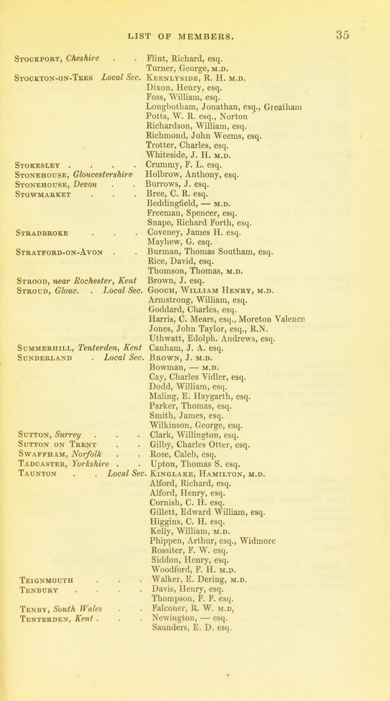 Stockport, Cheshire . . Flint, Richard, esq. Turner, George, m.d. Stockton-on-Tees Local Sec. Keenlyside, R. H. m.d. Stokesley .... Stonehouse, Gloucestershire Stonehouse, Devon Stowmarket Dixon, Henry, esq. Foss, William, esq. Longbotham, Jonathan, esq., Greatham Potts, W. R. esq., Norton Richardson, William, esq. Richmond, John Weems, esq. Trotter, Charles, esq. Whiteside, J. H. m.d. Crummy, F. L. esq. Holbrow, Anthony, esq. Burrows, J. esq. Bree, C. R. esq. Beddingfield, — m.d. Stradbroke Freeman, Spencer, esq. Snape, Richard Forth, esq. Coveney, James H. esq. Mayhew, G. esq. Stratford-on-Avon . Burman, Thomas Southam, esq. Rice, David, esq. Thomson, Thomas, m.d. Strood, near Rochester, Kent Brown, J. esq. Stroud, Glouc. . Local Sec. Gooch, William Henry, m.d. Armstrong, William, esq. Goddard, Charles, esq. Harris, C. Mears, esq., Moreton Valence Jones, John Taylor, esq., R.N. Uthwatt, Edolph. Andrews, esq. Summerhill, Tenterden, Kent Canliam, J. A. esq. Sunderland . Local Sec. Brown, J. m.d. Sutton, Surrey Sutton on Trent Swaffham, Norfolk Bowman, — m.d. Cay, Charles Vidler, esq. Dodd, William, esq. Maling, E. Haygarth, esq. Parker, Thomas, esq. Smith, James, esq. Wilkinson, George, esq. Clark, Willington, esq. Gilby, Charles Otter, esq. Rose, Caleb, esq. Tadcaster, Yorkshire . . Upton, Thomas S. esq. Taunton . . Local Sec. Kinglake, Hamilton, m.d. Teignmouth Tenbury . . . . Alford, Richard, esq. Alford, Henry, esq. Cornish, C. H. esq. Gillett, Edward William, esq. Higgins, C. H. esq. Kelly, William, m.d. Phippen, Arthur, esq., Widmore Rossiter, F. W. esq. Siddon, Henry, esq. Woodford, F. H. m.d. Walker, E. Dering, m.d. Davis, Henry, esq. Thompson, F. F. esq. Tenby, South Wales Tenterden, Kent . Falconer, R. W. m.d, Newington, — esq. Saunders, E. D. esq.