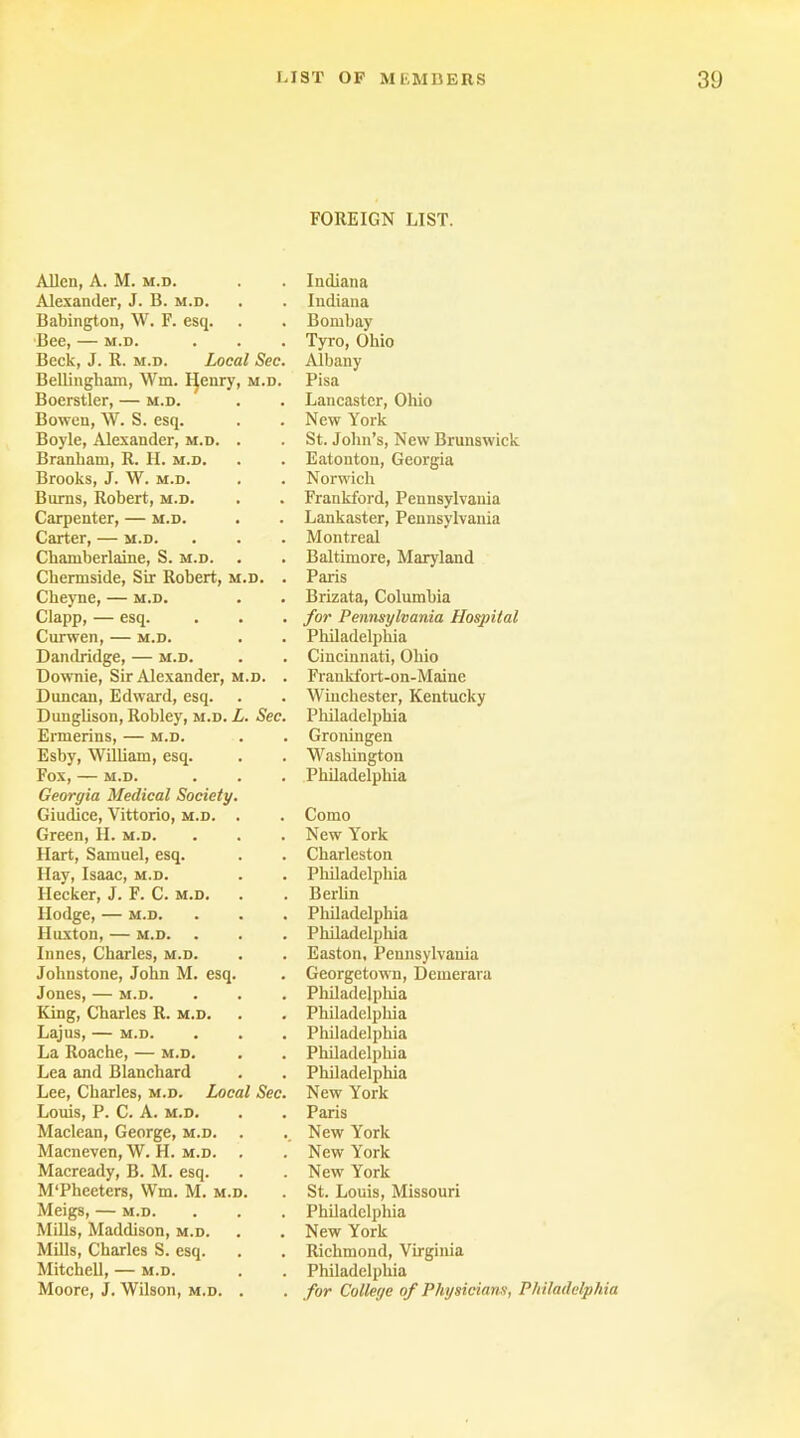 FOREIGN LIST. Allen, A. M. m.d. Indiana Alexander, J. B. m.d. Indiana Babington, W. F. esq. Bombay Bee, — m.d. Tyro, Ohio Beck, J. R. m.d. Local Sec. Albany Bellingham, Win. FJenry, m.d. Pisa Boerstler, — m.d. Lancaster, Ohio Bowen, W. S. esq. New York Boyle, Alexander, m.d. . St. John’s, New Brunswick Branham, R. H. m.d. Eatontou, Georgia Brooks, J. W. m.d. Norwich Burns, Robert, m.d. Frankford, Pennsylvania Carpenter, — m.d. Lankaster, Pennsylvania Carter, — m.d. Montreal Chamberlaine, S. m.d. Baltimore, Maryland Cbermside, Sir Robert, m.d. . Paris Cheyne, — m.d. Brizata, Columbia for Pennsylvania Hospital Clapp, — esq. Curwen, — m.d. Philadelphia Dandridge, — m.d. Cincinnati, Ohio Downie, Sir Alexander, m.d. . Frankfort-on-Maine Duncan, Edward, esq. Winchester, Kentucky Dunglison, Robley, m.d. L. Sec. Philadelphia Ermerins, — m.d. Groningen Esby, William, esq. Washington Fox, M.D. Georgia Medical Society. Philadelphia Giudice, Vittorio, m.d. . Como Green, H. m.d. New York Hart, Samuel, esq. Charleston Hay, Isaac, m.d. Philadelphia Hecker, J. F. C. m.d. Berlin Hodge, — m.d. Philadelphia Huxton, — m.d. Philadelphia Innes, Charles, m.d. Easton, Pennsylvania Johnstone, John M. esq. Georgetown, Demerara Jones, — m.d. King, Charles R. m.d. Philadelphia Philadelphia Lajus, — m.d. Philadelphia La Roache, — m.d. Philadelphia Lea and Blanchard Philadelphia Lee, Charles, m.d. Local Sec. New York Louis, P. C. A. m.d. Paris Maclean, George, m.d. New York Macneven, W. H. m.d. . New York Macready, B. M. esq. New York M'Pheeters, Wm. M. m.d. St. Louis, Missouri Philadelphia Meigs, — m.d. MUls, Maddison, m.d. New York MiUs, Charles S. esq. Richmond, Virginia Mitchell, — m.d. Philadelphia Moore, J. Wilson, m.d. . for College of Physicians, Philadelphia