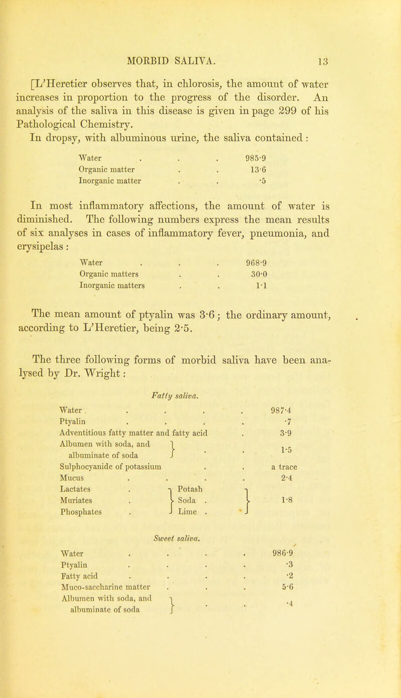 [L^Heretier observes that, in chlorosis, the amount of water increases in proportion to the progress of the disorder. An analysis of the saliva in this disease is given in page 299 of his Pathological Chemistry. In dropsy, with albuminous urine, the saliva contained: Water . . . 985-9 Organic matter . . 13-6 Inorganic matter . . -5 In most inflammatory affections, the amount of water is diminished. The following numbers express the mean results of six analyses in cases of inflammatory fever, pneumonia, and erysipelas: Water . . . 968-9 Organic matters . . 30-0 Inorganic matters . . 1-1 The mean amount of ptyalin was 3'6; the ordinary amount, according to L’Heretier, being 2'5. The thi’ee following forms of morbid saliva have been ana- lysed by Dr. Wright: Fatty saliva. Water 987-4 Ptyalin -7 Adventitious fatty matter and fatty acid 3-9 Albumen with soda, and albuminate of soda ■ 1-5 Sulphocyanide of potassium a trace Mucus 2-4 Lactates . ^ Muriates Potash • Soda . 1 1-8 Phosphates Lime . Sweet saliva. Water • 986-9 Ptyalin . -3 Fatty acid . -2 Muco-saccharine matter . 5-6 Alburaen with soda, and albuminate of soda • • •4
