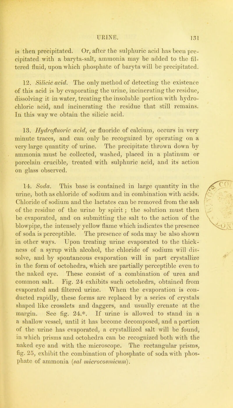 is then precipitated. Or, after the sulphuric acid has been pre- cipitated with a barvta-salt, ammonia may be added to the fil- tered fluid, upon which phosphate of baryta will be precipitated. 13. Silicic acid. The only method of detecting the existence of this acid is by evaporating the urine, incinerating the residue, dissolving it in water, treating the insoluble portion with hydro- chloric acid, and incinerating the residue that still remains. In this way we obtain the silicic acid. 13. Hijdrojluoric acid, or fluoride of calcium, occurs in very minute traces, and can only be recognized by operating on a very large quantity of urine. The precipitate thrown down by ammonia must be collected, washed, placed in a platinum or porcelain crucible, treated with sulphuric acid, and its action on glass observed. 14. Soda. This base is contained in large quantity in the urine, both as chloride of sodium and in combination with acids. Chloride of sodium and the lactates can be removed from the ash of the residue of the m’ine by spirit; the solution must then be evaporated, and on submitting the salt to the action of the blowpipe, the intensely yellow flame which indicates the presence of soda is perceptible. The presence of soda may be also shown in other ways. Upon treating urine evaporated to the thick- ness of a syrup with alcohol, the chloride of sodium will dis- solve, and by spontaneous evaporation will in part crystallize in the form of octohedra, which are partially perceptible even to the naked eye. These consist of a combination of urea and common salt. Fig. 24 exhibits such octohedra, obtained from evaporated and filtered urine. When the evaporation is con- ducted rapidly, these forms are replaced by a series of crystals shaped like crosslets and daggers, and usually crenate at the margin. See fig. 24.*. If urine is allowed to stand in a a shallow vessel, until it has become decomposed, and a portion of the urine has evaporated, a crystallized salt will be fo\ind, in which prisms and octohedra can be recognized both with the naked eye and with the microscope. The rectangular prisms, fig. 25, exhibit the combination of phosphate of soda with phos- phate of ammonia {^sal microcosmicum).
