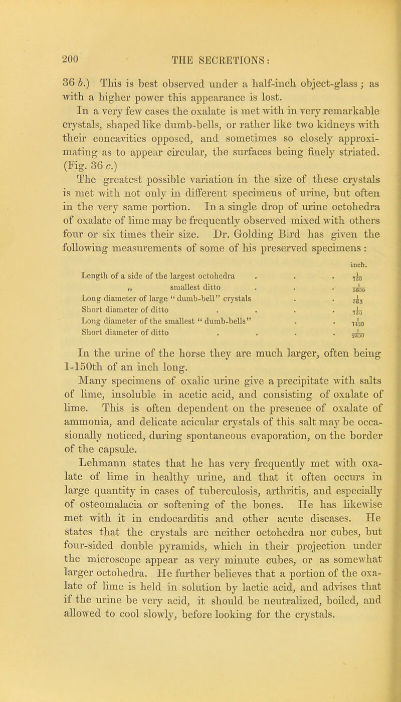 36 b.) Tins is Lest observed under a lialf-incL object-glass; as with a bigber power this appearance is lost. In a very few cases the oxalate is met with in very remarkable ciystals, shaped like dumb-bells^ or rather like two kidneys with their concavities opposed^ and sometimes so closely approxi- mating as to appear circular, the surfaces being finely striated. (Fig. 36 c.) The greatest possible variation in the size of these crj^stals is met with not only in dilferent specimens of urine, but often in the very same portion. In a single drop of mine octohedra of oxalate of lime may be frequently observed mixed with others fom’ or six times their size. Dr. Golding Bii’d has given the following measurements of some of his preserved specimens : Length of a side of the largest octohedra „ smallest ditto Long diameter of large “ dumb-bell” crystals Short diameter of ditto Long diameter of the smallest “ dumb-bells” Short diameter of ditto inch. I 755 5K55 I 5B3 735 U70 I In the urine of the horse they are much larger, often being I-150th of an inch long. Many specimens of oxalic urine give a precipitate with salts of lime, insoluble in acetic acid, and consisting of oxalate of hme. This is often dependent on the jjresence of oxalate of ammonia, and delicate acicular crystals of this salt may be occa- sionally noticed, during spontaneous evaporation, on the border of the capsule. Lehmann states that he has very frequently met with oxa- late of lime in healthy urine, and that it often occurs in large quantity in cases of tuberculosis, arthritis, and especially of osteomalacia or softening of the bones. He has hkewise met with it in endocarditis and other acute diseases. He states that the crystals are neither octohedra nor cubes, but four-sided double pyramids, which in theii’ projection under the microscope appear as very minute cubes, or as somewhat larger octohedra. He further believes that a portion of the oxa- late of lime is held in solution by lactic acid, and adrises that if the urine be very acid, it shoidd be neutralized, boiled, and allowed to cool slowly, before looking for the crystals.