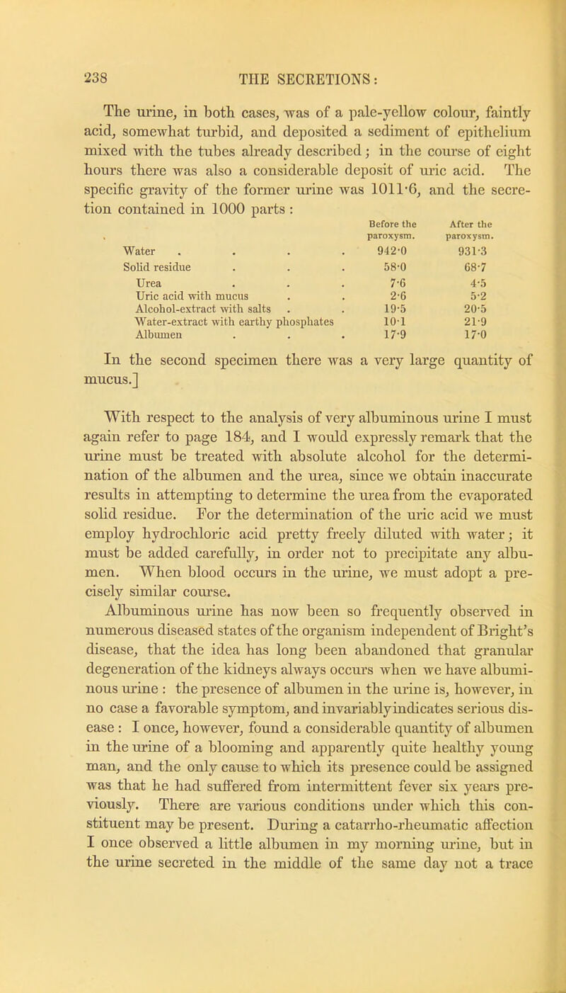 The urine, in both cases, was of a pale-yellow colour, faintly acid, somewhat turbid, and deposited a sediment of epithelium mixed with the tubes already described; in the course of eight hours there was also a considerable deposit of mac acid. The specific gravity of the former urine was 1011-6, and the secre- tion contained in 1000 parts : Before the After the paroxysm. paroxysm. Water .... 942-0 931-3 Solid residue 58-0 68-7 Urea 7-6 4-5 Uric acid with mucus 2-6 5-2 Alcohol-extract with salts 19-5 20-5 Water-extract with earthy phosphates 10-1 21-9 Albumen 17-9 17-0 In the second specimen there was a very large quantity of mucus.] With respect to the analysis of very albuminous urine I must again refer to page 184, and I would expressly remark that the urine must be treated with absolute alcohol for the determi- nation of the albumen and the urea, since we obtain inaccurate results in attempting to determine the urea from the evaporated solid residue. For the determination of the uric acid we must employ hydrochloric acid pretty freely diluted with water; it must be added carefully, in order not to precipitate any albu- men. When blood occurs in the urine, we must adopt a pre- cisely similar com-se. Albuminous m-ine has now been so frequently observed in numerous diseased states of the organism independent of Bright’s disease, that the idea has long been abandoned that granular degeneration of the kidneys always occurs when we have albumi- nous urine : the presence of albumen in the urine is, however, in no case a favorable symptom, and invariably indicates serious dis- ease : I once, however, found a considerable quantity of albumen in the urine of a blooming and apparently quite healthy young man, and the only cause to which its presence could be assigned was that he had suffered from intermittent fever six years pre- viously. There are various conditions under which this con- stituent may be present. During a catarrho-rheumatic affection I once observed a little albumen in my morning urine, but in the urine secreted in the middle of the same day not a trace