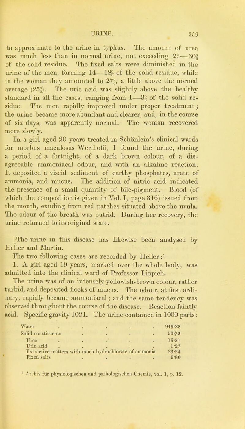 to approximate to the urine in typhus. The amount of urea was much less than in normal urine, not exceeding 25—30^ of the solid residue. The fixed salts were diminished in the urine of the men, forming 14—182 of the solid residue, while in the woman they amounted to 272, a little above the normal average (252). The uric acid Avas slightly above the healthy standai’d in all the cases, ranging from 1—32 of the solid re- sidue. The men rapidly improved under proper treatment; the ui’ine became more abundant and clearer, and, in the course of six days, was apparently normal. The woman recovered more slowly. In a girl aged 20 years treated in Schonlein’s clinical wards for morbus maculosus Werlhofii, I found the urine, during a period of a fortnight, of a dark brown colour’, of a dis- agr’eeable ammoniacal odour, and with an alkaline reaction. It deposited a riscid sediment of earthy phosphates, urate of ammonia, and mucus. The addition of nitric acid indicated the presence of a small quantity of bile-pigment. Blood (of which the composition is given in Vol. I, page 316) issued from the mouth, exuding from red patches situated above the uvula. The odoru’ of the breath was putrid. During her recovery, the urine returned to its original state. [The ui’ine in this disease has likewise been analysed by Heller and Mai’tin. The two following cases are recorded by Heller d 1. A girl aged 19 years, marked over the whole body, was admitted into the clinical ward of Professor Lippich. The mine was of an intensely yellowish-brown colour, rather tm’bid, and deposited flocks of mucus. The odour, at first ordi- nary, rapidly became ammoniacal; and the same tendency was obseiTed throughout the com’se of the disease. Reaction faintly acid. Specific gravity 1021. The urine contained in 1000 parts: Water ..... 949-28 Solid constituents .... 50-72 Urea ..... 16-21 Uric acid ..... 1-27 Extractive matters with much hydrochlorate of ammonia 23-24 Fixed salts .... 9-80 ' Archiv fur physiologischen uiid patliologischeii Chemie, vol. 1, p. 12.