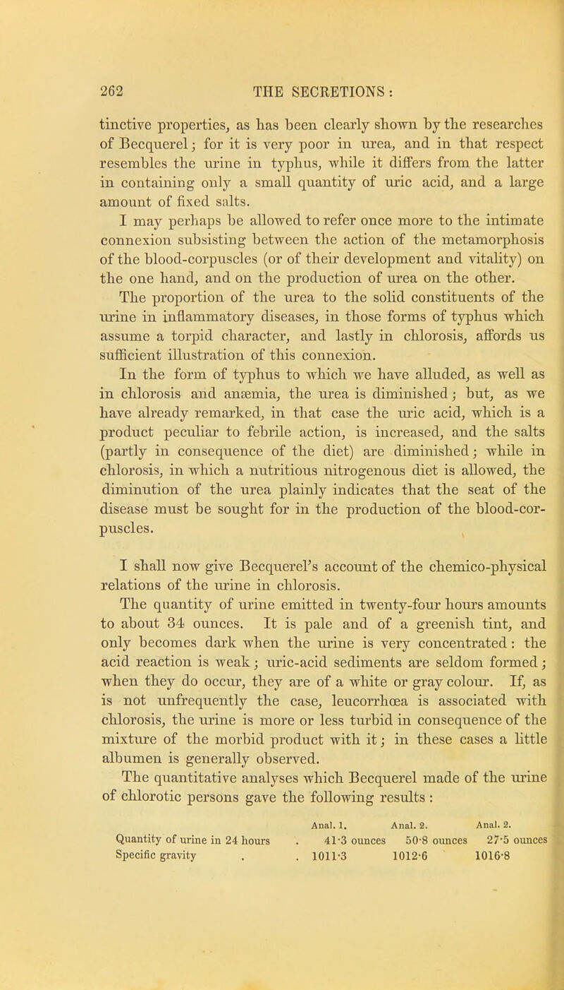 tinctive properties^ as lias been clearly shown by the researches of Becquerel; for it is very poor in urea, and. in that respect resembles the urine in typhus, while it differs from the latter in containing only a small quantity of ui’ic acid, and a large amount of fixed salts. I may perliaps be allowed to refer once more to the intimate connexion subsisting between the action of the metamorphosis of the blood-corpuscles (or of their development and vitality) on the one hand, and on the production of urea on the other. The proportion of the urea to the solid constituents of the urine in inflammatory diseases, in those forms of typhus which assume a torpid character, and lastly in chlorosis, affords us sufficient illustration of this connexion. In the form of typhus to which we have alluded, as well as in chlorosis and anaemia, the urea is diminished; but, as we have already remarked, in that case the luic acid, which is a product peculiar to febrile action, is increased, and the salts (partly in consequence of the diet) are diminished; while in chlorosis, in which a nutritious nitrogenous diet is allowed, the diminution of the urea plainly indicates that the seat of the disease must be sought for in the production of the blood-cor- puscles. I shall now give Becquerehs account of the chemico-physical relations of the mine in chlorosis. The quantity of urine emitted in twenty-four horn’s amounts to about 34 ounces. It is pale and of a greenish tint, and only becomes dark when the mine is very concentrated: the acid reaction is weak; mic-acid sediments are seldom formed; when they do occm’, they are of a white or gray colom’. If, as is not unfrequently the case, leucorrhoea is associated with chlorosis, the urine is more or less turbid in consequence of the mixture of the morbid product with it; in these cases a little albumen is generally observed. The quantitative analyses which Becquerel made of the m’ine of chlorotic persons gave the following results : Ana). 1. Anal. 2. Anal. 2. Quantity of urine in 24 hours . 41-3 ounces 50-8 ounces 27‘5 ounces Specific gravity . . 1011-3 1012-6 1016-8