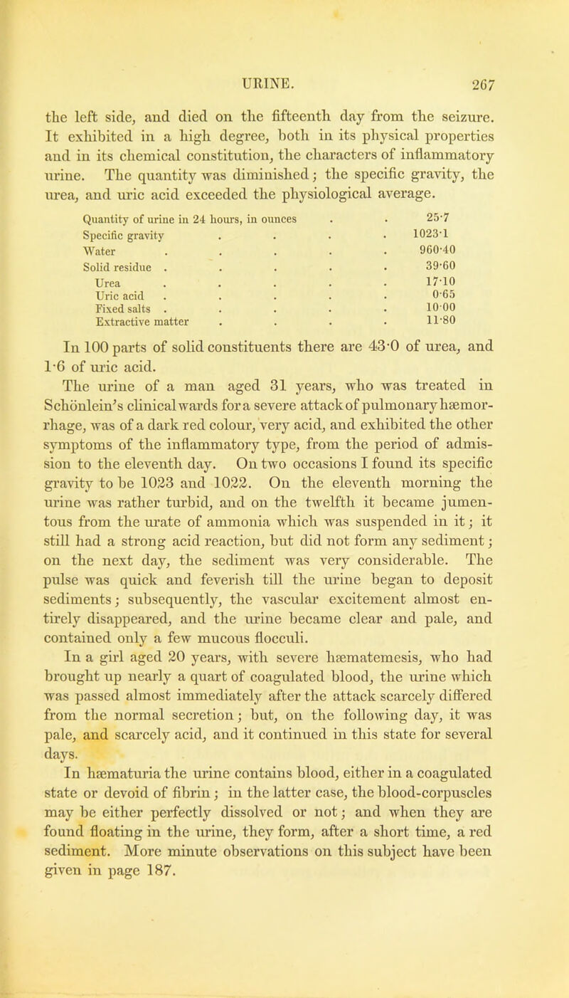 tlie left side, and died on tlie fifteenth day from the seizure. It exhibited in a high degree, both in its physical properties and in its chemical constitution, the characters of inflammatory urine. The quantity was diminished; the specific graAuty, the urea, and uric acid exceeded the physiological average. Quantity of urine in 24 hours, in ounces . . 25-7 Specific gravity .... 1023'1 Water ..... 960-40 Solid residue ..... 39'60 Urea ..... 17-10 Uric acid ..... 0-65 Fixed salts ..... 10 00 Extractive matter .... 11-80 In 100 parts of solid constituents there are 43-0 of urea, and 1‘6 of m’ic acid. The urine of a man aged 31 years, who was treated in Schdnlein^s chnical wards fora severe attack of pulmonary haemor- rhage, was of a dark red colour, very acid, and exhibited the other symptoms of the inflammatory type, from the period of admis- sion to the eleventh day. On two occasions I found its specific gravity to be 1023 and 1022. On the eleventh morning the urine was rather turbid, and on the twelfth it became jumen- tous from the mate of ammonia which was suspended in it; it still had a strong acid reaction, but did not form any sediment; on the next day, the sediment was very considerable. The pulse was quick and feverish till the urine began to deposit sediments; subsequently, the vascular excitement almost en- tirely disappeared, and the urine became clear and pale, and contained only a few mucous flocculi. In a girl aged 20 years, with severe hsematemesis, who had brought 4ip nearly a quart of coagulated blood, the urine which was passed almost immediately after the attack scarcely differed from the normal secretion; but, on the following day, it was pale, and scarcely acid, and it continued in this state for several days. In hsematuria the urine contains blood, either in a coagulated state or devoid of fibrin; in the latter case, the blood-corpuscles may be either perfectly dissolved or not; and when they are found floating in the urine, they form, after a short time, a red sediment. More minute observations on this subject have been given in page 187.