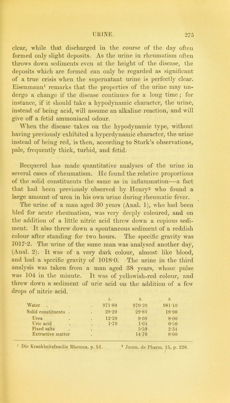 clear, while that discharged in the course of the day often formed only slight deposits. As the urine in rheumatism often tlu’OAVs doAvn sediments even at the height of the disease, the deposits which arc formed can only he regarded as significant of a true crisis when the supernatant urine is perfectly clear. Eisenmann^ remarks that the properties of the urine may un- dergo a change if the disease continues for a long time; for instance, if it should take a hypodynamic character, the urine, instead of being acid, will assume an alkaline reaction, and Avill give off a fetid ammoniacal odour. When the disease takes on the hypodynamic type, without liaAong previously exhibited a hyperdynamic character, the urine instead of being red, is then, according to Stork^s observations, pale, frequently thick, turbid, and fetid. Becquerel has made quantitative analyses of the urine in several cases of rheumatism. He found the relative proportions of the solid constituents the same as in inflammation—a fact that had been previously observed by Henry2 who found a large amount of urea in his own urine during rheumatic fever. The urine of a man aged 30 years (Anal. 1), who had been bled for acute rheumatism, Avas very deeply coloured, and on the addition of a little nitric acid thrcAV down a copious sedi- ment. It also threw down a spontaneous sediment of a reddish colour after standing for two hours. The specific graAuty was 1017'2. The urine of the same man was analysed another day, (Anal. 2). It was of a very dark colour, almost like blood, and had a specific graAuty of lOlS'O. The urine in the third analysis was taken from a man aged 38 years, whose pulse Avas 104 in the minute. It was of yellowish-red colour, and thrcAv doAvn a sediment of uric acid on the addition of a few drops of nitric acid. 1. 2. 3. Water 971-80 970-20 981-10 Solid constituents . 28-20 29-80 18-90 Urea 12-20 9-00 8-00 Uric acid 1-70 1-01 0-50 Fi.'ced salts , 5-59 2-34 Extractive matter , 14-70 8-00 ' Die Krankheitsfamilie Rheuma, p. .^1. ^ Journ. de Pharm. 15, p. 228.