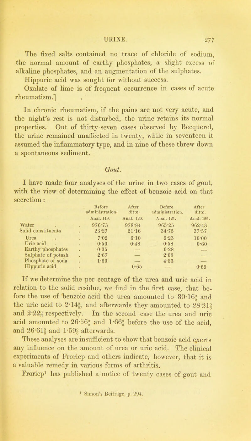 The fixed salts contained no trace of chloride of sodium, the normal amount of earthy phosphates, a slight excess of alkaline phosphates, and an augmentation of the sulphates. liippuric acid was sought for without success. Oxalate of lime is of frequent occrurence in cases of acute rheumatism.] In chronic rheumatism, if the pains are not very acute, and the nighUs rest is not disturbed, the urine retains its normal properties. Out of thirty-seven cases observed by Becquerel, the urine remained unaffected in twenty, while in seventeen it assumed the inflammatory type, and in nine of these threw down a spontaneous sediment. Gout. I have made four analyses of the urine in two cases of gout, ^vith the view of determining the effect of benzoic acid on that secretion: Before After Before After administration. ditto. .ndministration. ditto. Anal. 119. An.al. 120. Anal. 121. Anal. 122. Water 976-73 978-84 965-25 962-43 Solid constituents 23-27 21-16 34-75 37-57 Urea 7-02 6-10 9-23 10-00 Uric acid 0-50 0-48 0-58 0-60 Earthy phosphates 0-35 — 0-28 Sulphate of potash 2-67 — 2-08 — Phosphate of soda 1-60 — 4-53 — Hippuric acid — 0-65 — 0-69 If we determine the per centage of the urea and uric acid in relation to the solid residue, we find in the first case, that be- fore the use of benzoic acid the urea amounted to 30T6§ and the unc acid to 2'14§, and afterwards they amoimted to 28'212 and 2-22g respectively. In the second case the urea and uric acid amounted to 26-562 and 1-662 before the use of the acid, and 26-612 and 1-592 afterwards. These analyses are insufficient to show that benzoic acid qxerts any influence on the amount of urea or uric acid. The clinical experiments of Troriep and others indicate, however, that it is a valuable remedy in various forms of arthritis. Froriep’ has published a notice of twenty cases of gout and ' Simon’s Bcitriigc, p. 29-1.